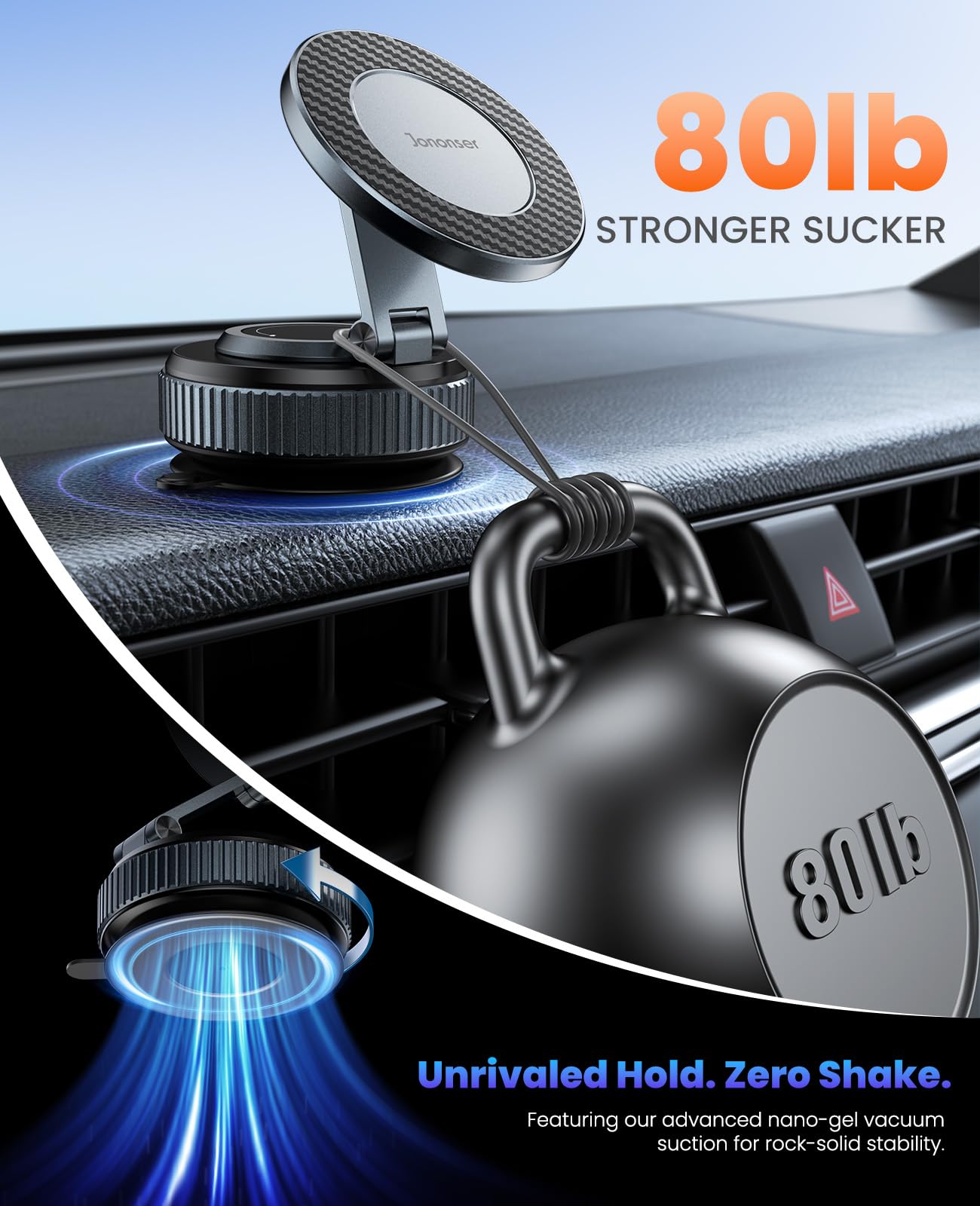 Jononser Suction Phone Mount for Car Dashboard/Windshield - 360°Adjustable Magnetic Phone Holder for Car, Foldable Car Phone Holder for iPhone