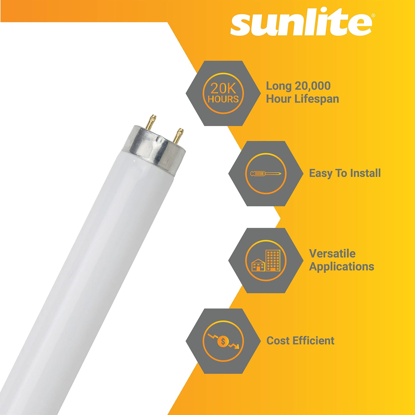 Sunlite 30115 2 Foot T8 Linear Fluorescent Lamp, 17 Watts, 1450 Lumens, F17T8/SP835, 3500K Neutral White, Medium G13 Bi-Pin Base, ROHS Compliant, 30