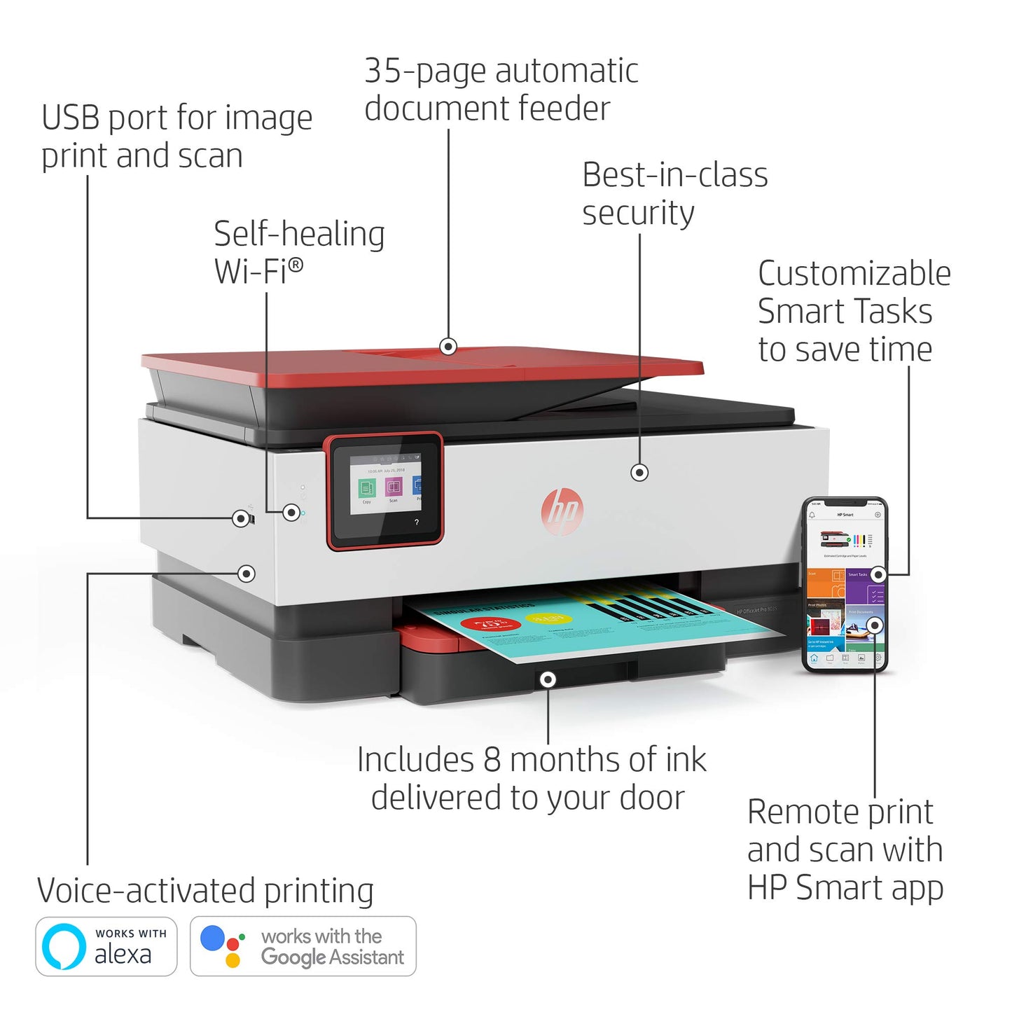 HP OfficeJet Pro 8035e Wireless Color All-in-One Printer (Coral) with up to 12 Months Instant Ink (1L0H8A) (Renewed Premium)