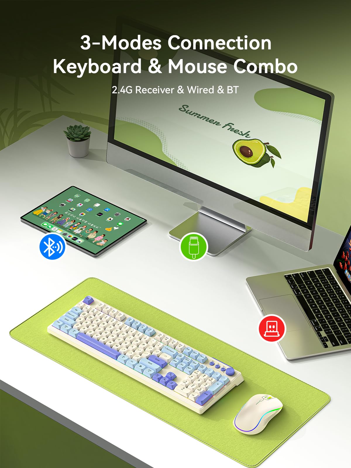 Wireless Keyboard and Mouse Combo, RGB Backlit Rechargeable 2000 mAh Battery, Wireless Computer Keyboards, Tri-Mode Bluetooth/2.4GHz/USB-C Custom