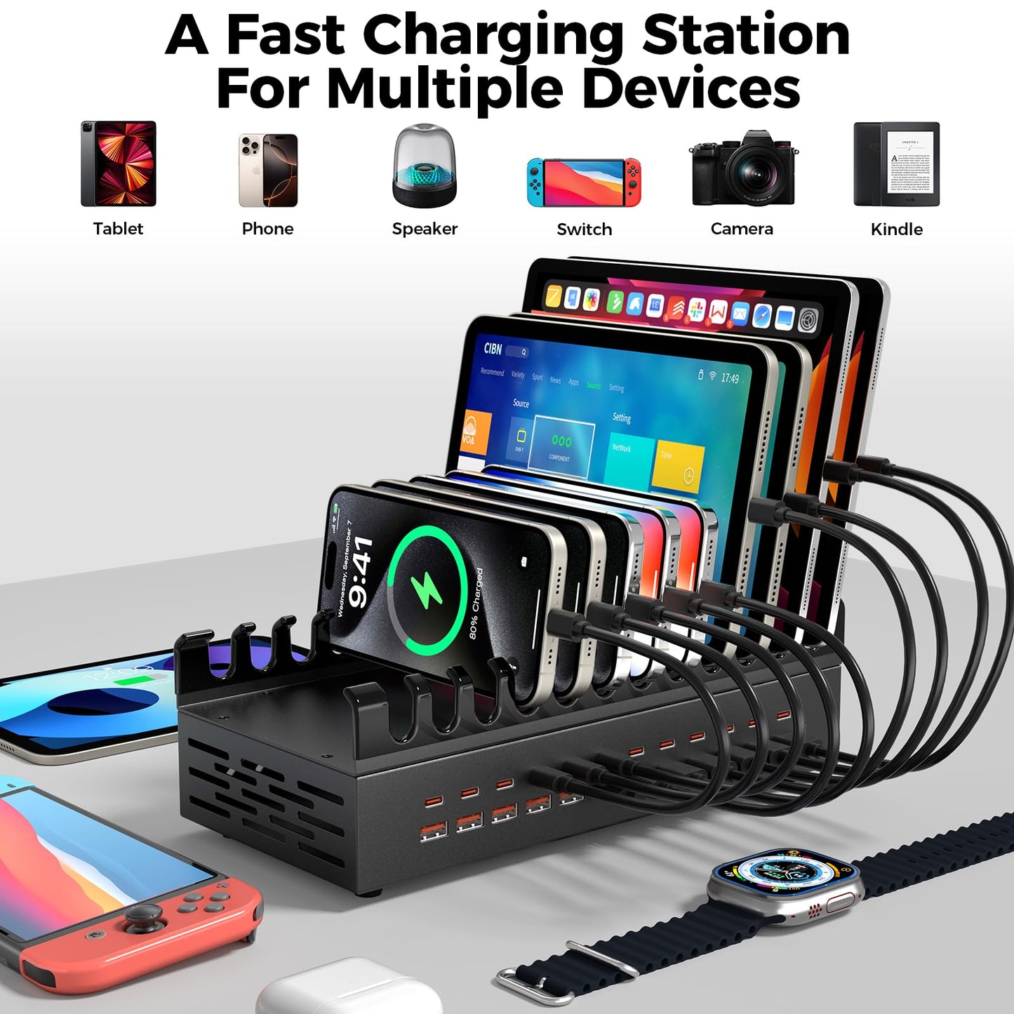 300W USB Charging Station for Multiple Devices, 24 Port USB C Fast Charging Station, Multi Device Charger Station Organizer Compatible with Tablet