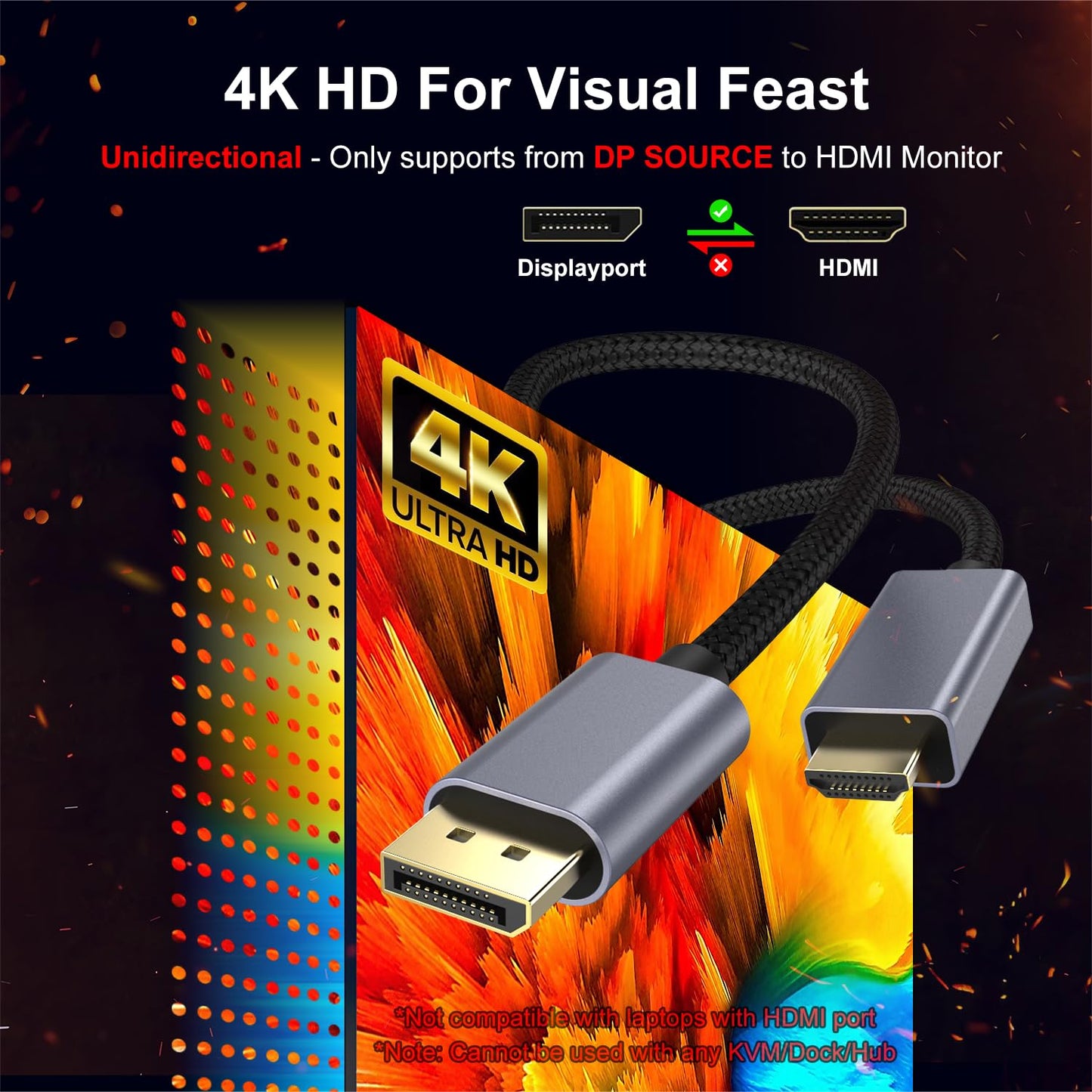 DisplayPort to HDMI Cable 4K, DP to HDMI Male Video UHD 4K@30Hz/2K@60/1080P@120 Nylon DP to HDTV Uni-Directional Cord for Dell, Projector, Desktop