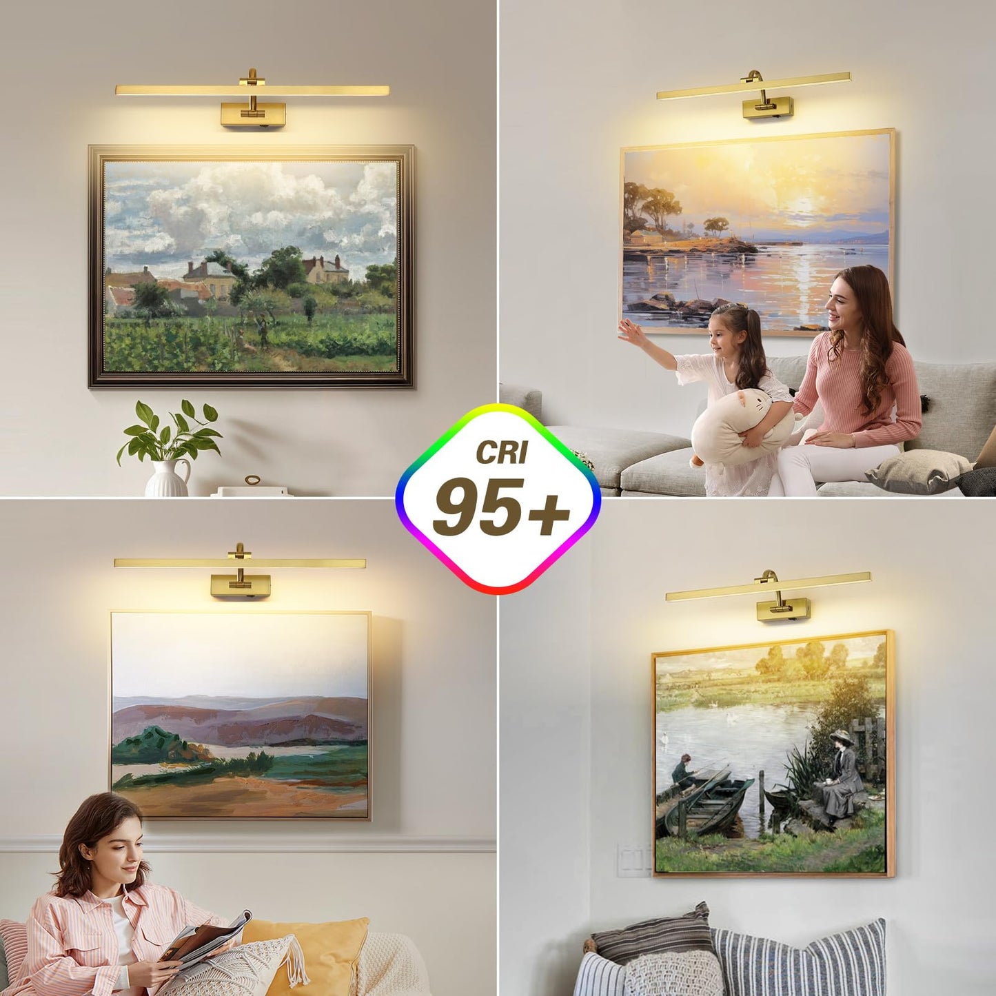 Wireless Picture Lights for Wall Battery Operated, Brass Art Lighting for Paintings Rechargeable Gallery lights with Remote and Timer 3CCT Dimmable