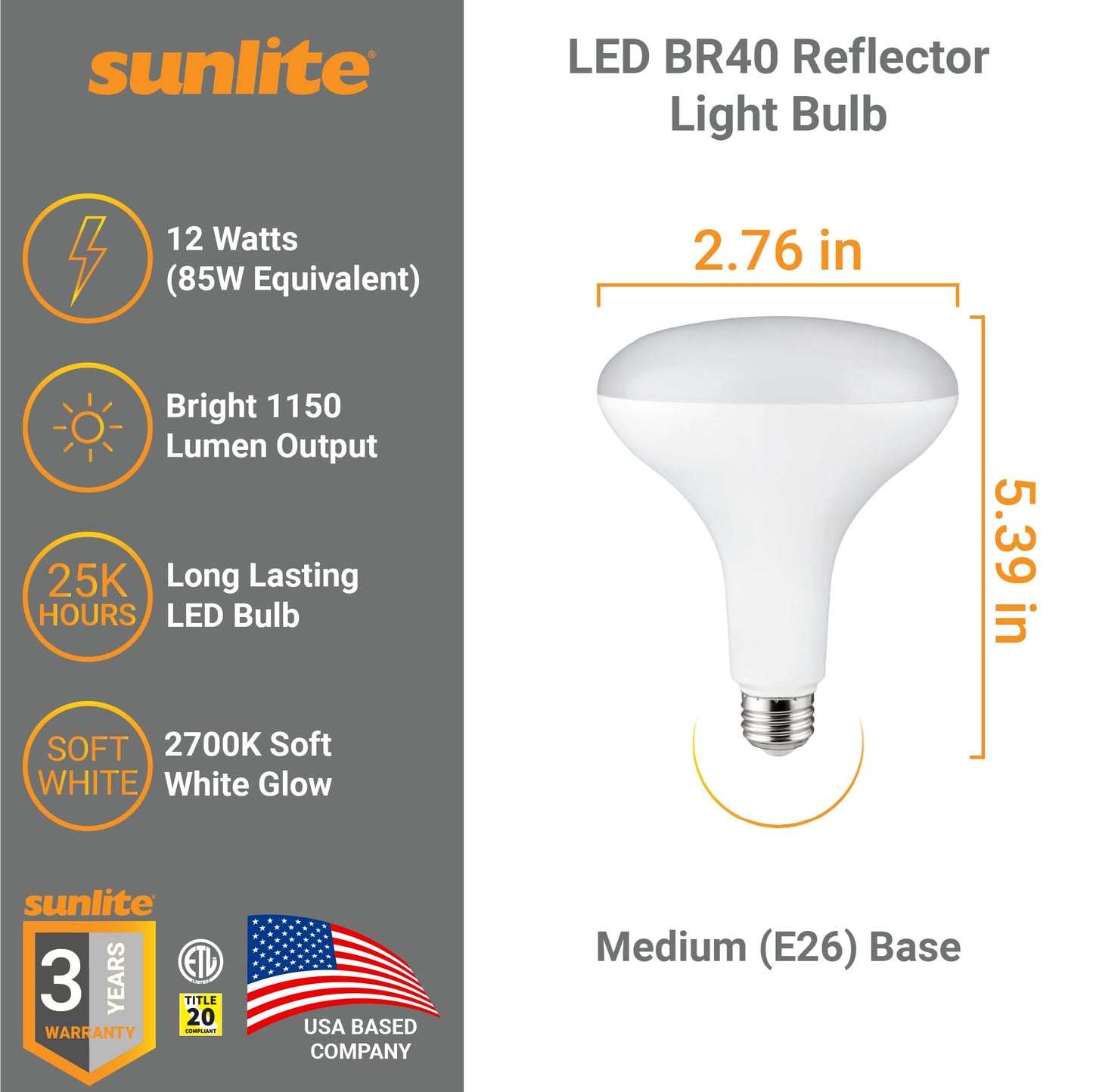 Sunlite 81487 LED BR40 Reflector Light Bulb, 12 Watts (85 Watt Equivalent), 120V, 1150 Lumens, Medium E26 Base, 90 CRI, Dimmable, Title-20 Compliant