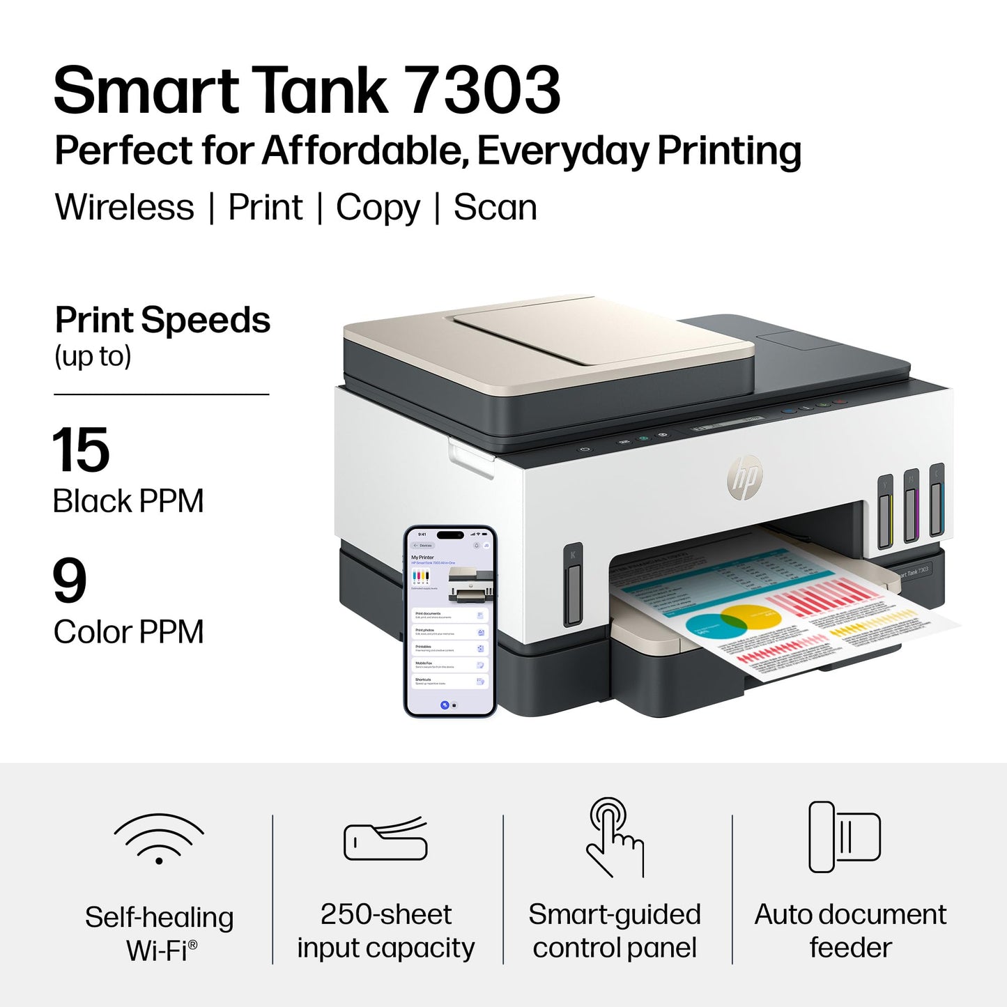 HP Smart Tank 7303 Wireless All-in-One Ink Tank Printer, Scanner, Copier with up to 3 Years of Ink Included, Best-for-Home Office, Cartridge-Free