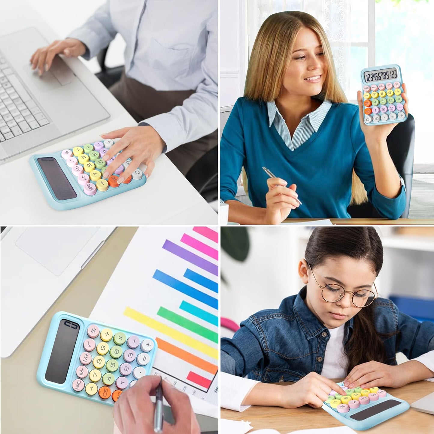 Pink Cute 12 Digit Large LCD Display Big Round Button Calculator - Office Desktop 15Tilt Screen for Kids (Blue)