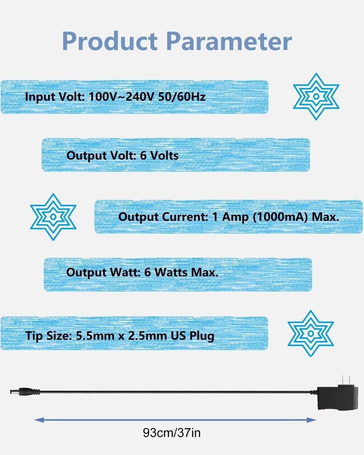 6V DC Power Supply 1A Universal AC Adapter, 100-240V 50/60Hz Adapter to 6 Volts 1Amp Transformer, DC 6V Power Cord, 【5.5mm x 2.5mm Barrel Plug】
