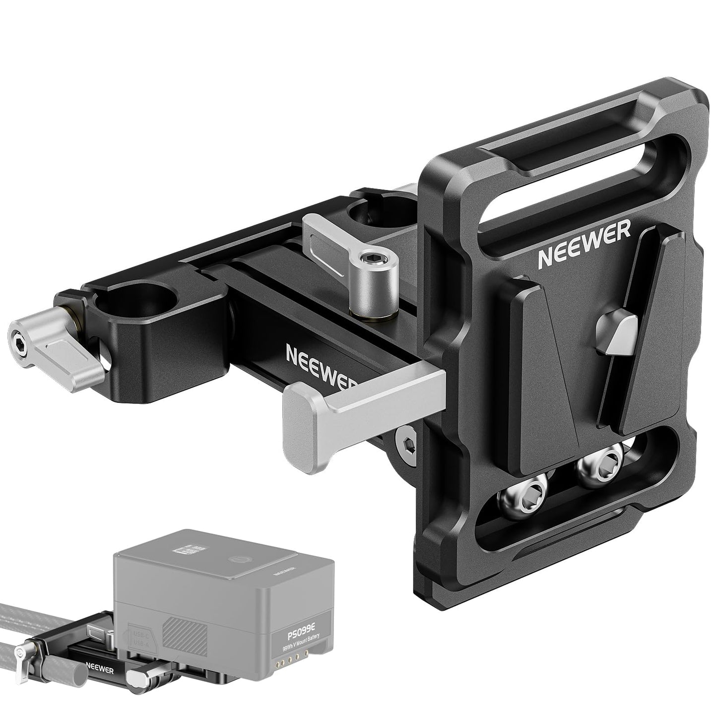 Neewer Mini V Mount Battery Plate with 15mm LWS Rod Clamps, 180° Tilt Foldable L Shaped V Lock Battery Plate with Quick Release Button, Compatible