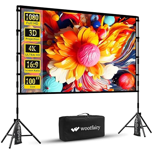Projector Screen with Stand, Wootfairy 100 inch Foldable and Portable Projection Screen 16:9 4K HD Rear Front Wrinkle-Free Movie Screen with Carry Bag