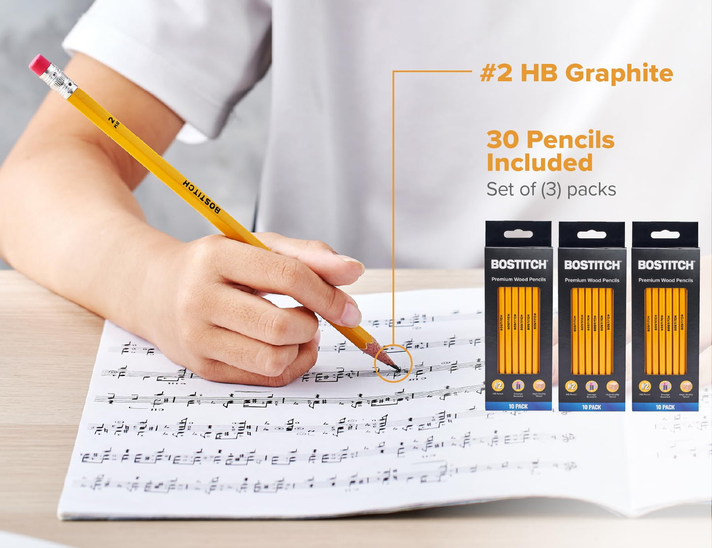 Bostitch Premium #2 Pencils, Premium Wood, Unsharpened, HB Graphite, 30-Count