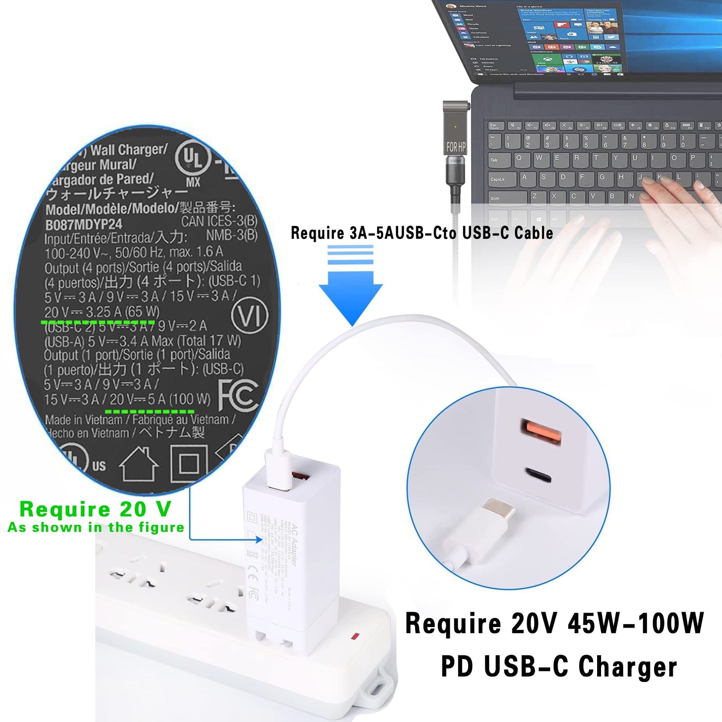 Type-C USB C to 4.0x1.7mm Laptop Charging Cable 65w or 100w PD GaN Charger 20V Activation Adapter for Lenovo IdeaPad 330-14, 330-15, 330-17, 510-15