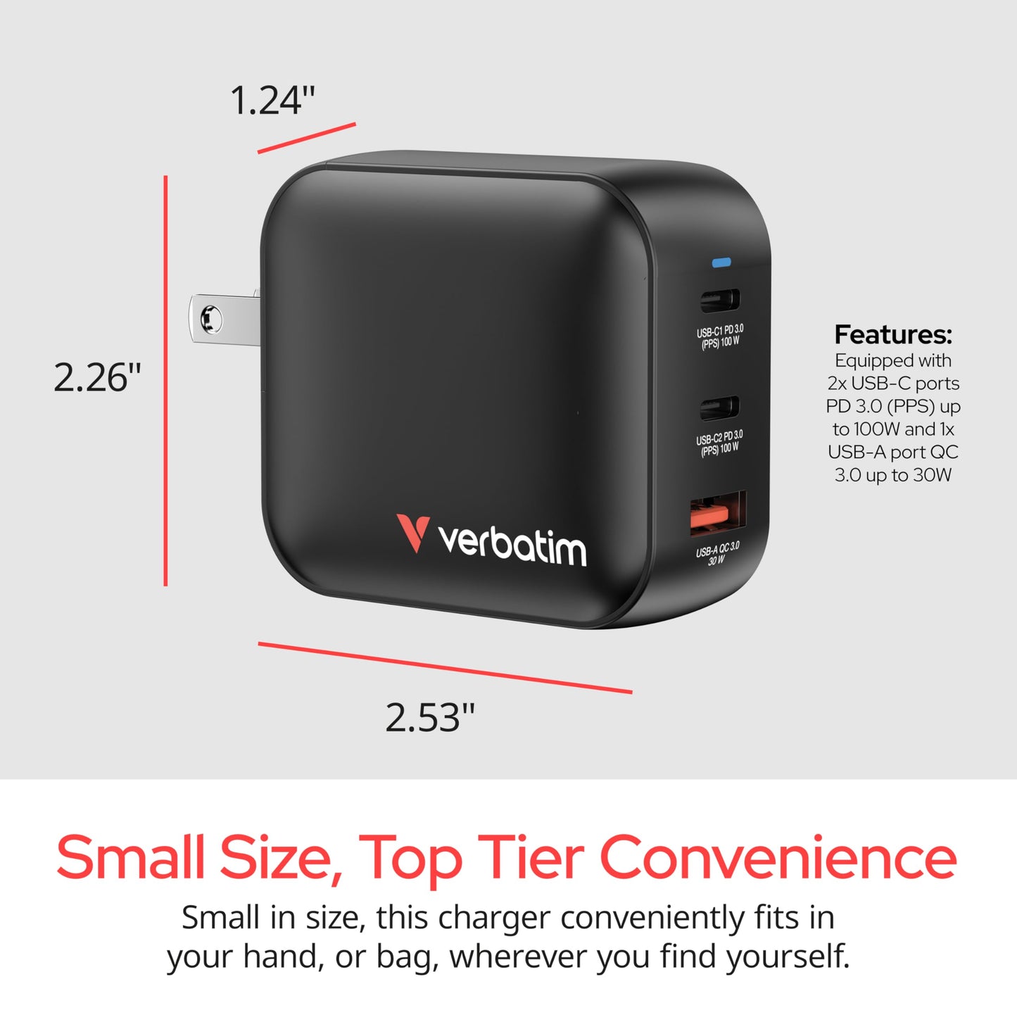 Verbatim Mini GaN Wall Charger 100W 3 Port 2X USB-C Ports PD 3.0 (PPS) up to 100W 1x USB-A Port QC 3.0 up to 30W