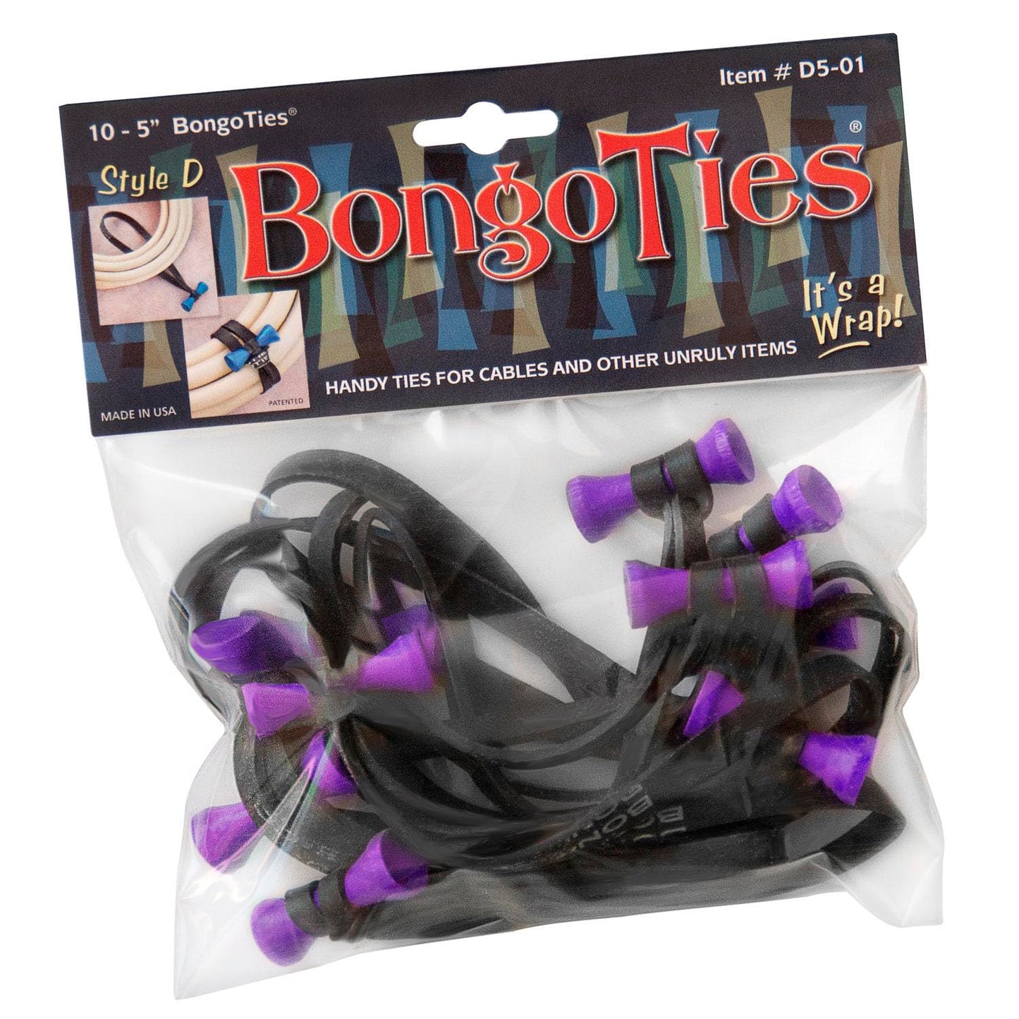 BongoTies PURPLE & BLACK "UBE" Bongo Ties - 10 Pack "Style-D" ~ Professional cable ties made of natural rubber and bamboo ~ HANDY TIES FOR CABLES