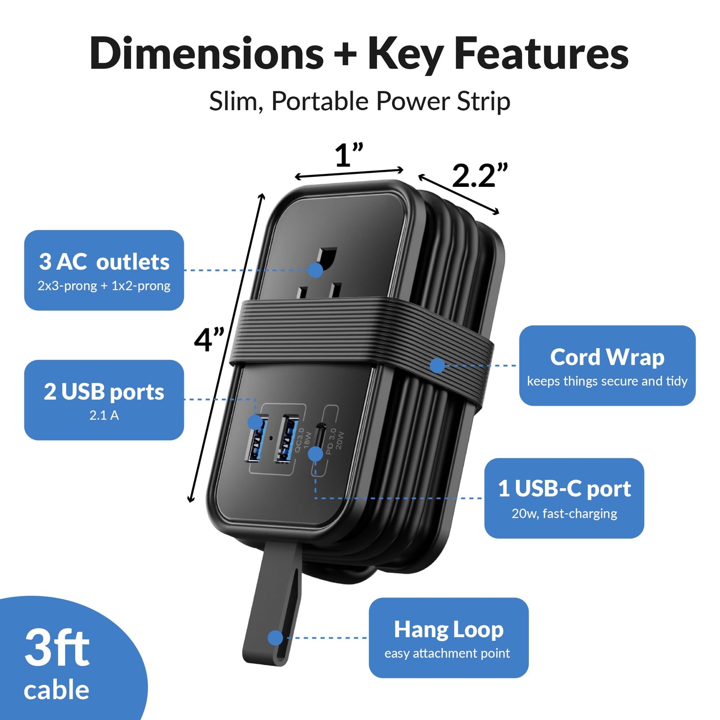 Travel Charger for Multiple Devices, Flat Plug Power Strip 3ft Adapter Extension Cord, 3 AC Outlets, 2 USB & 1 Fast Charging USB-C, No Surge Cruise