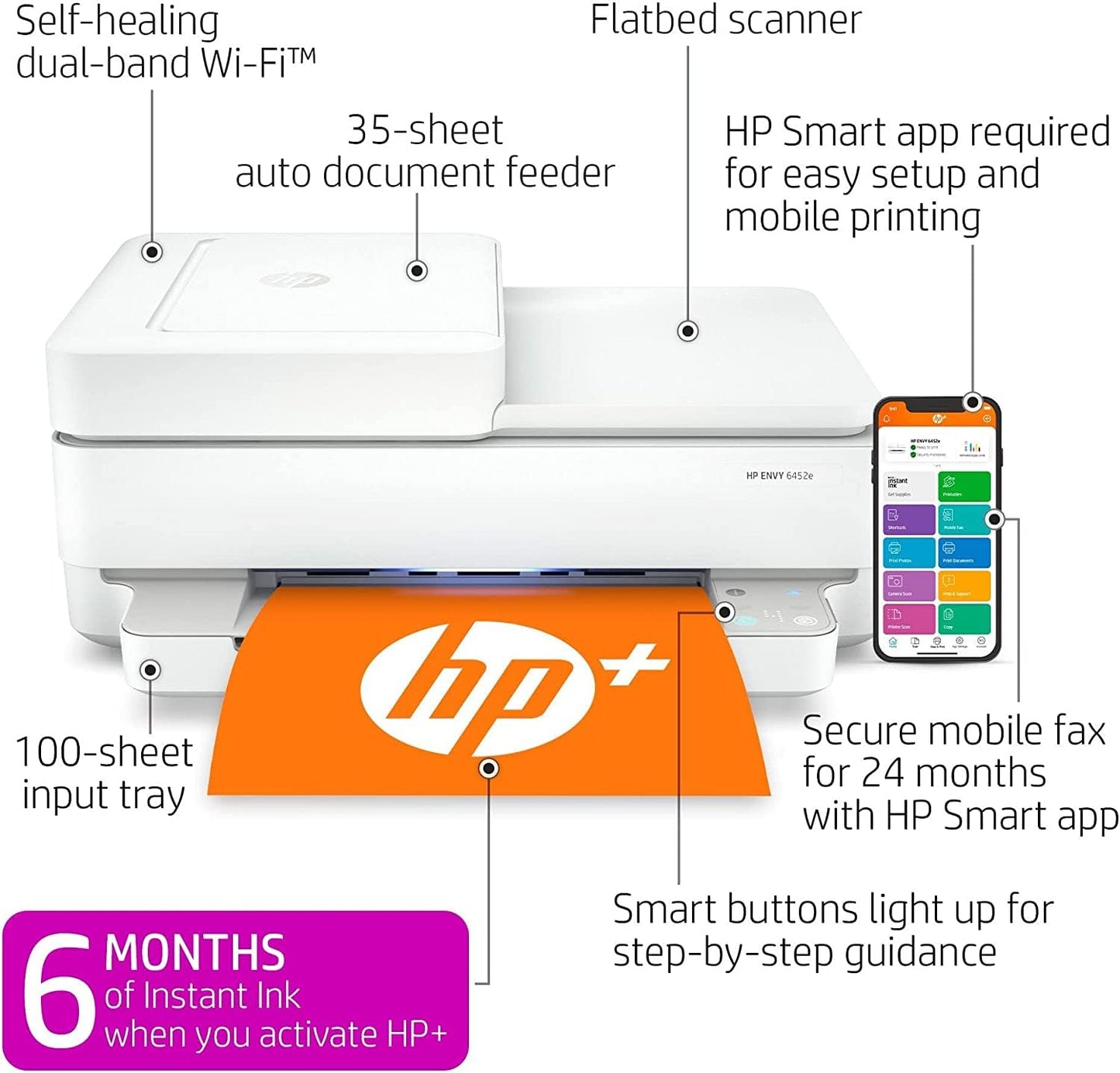 HP Envy 6452e Wireless Inkjet Color All-in-One Printer, Print Copy Scan, 35 Sheet ADF, 2-Side Printing, WiFi USB Connectivity, Instant Ink Ready, Home