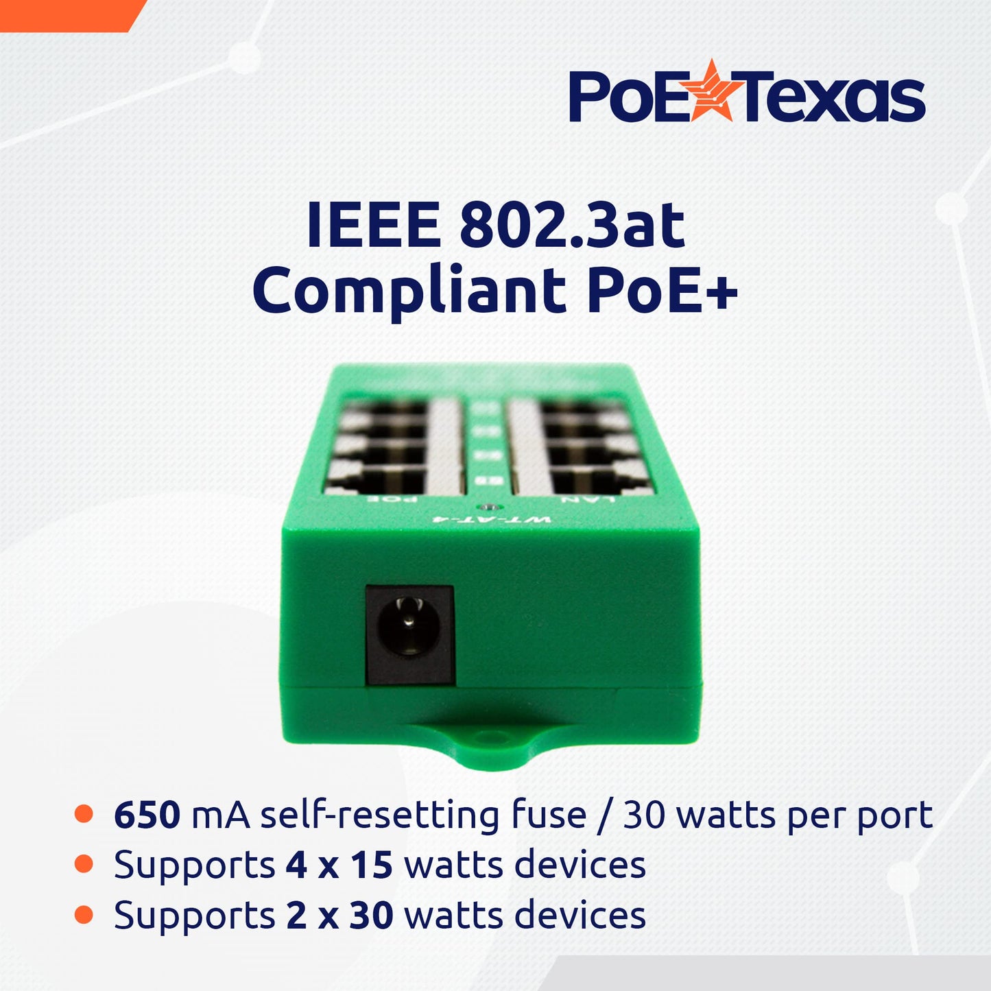PoE Texas 4 Port PoE/PoE+ Injector with 56V 60W Power Supply - Gigabit Injector - Active Mode A Power Over Ethernet Multi Port PoE Adapter - Supports