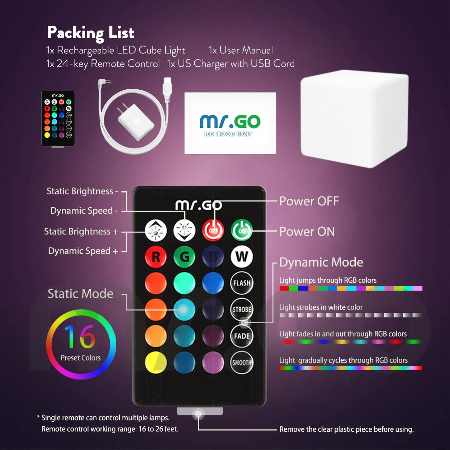 Mr.Go Rechargeable LED Color-Changing Light Cube 8", Dimmable Soothing Mood Lamp with Remote, 16 RGB Colors 4 Modes, Waterproof Cube Lights for Home
