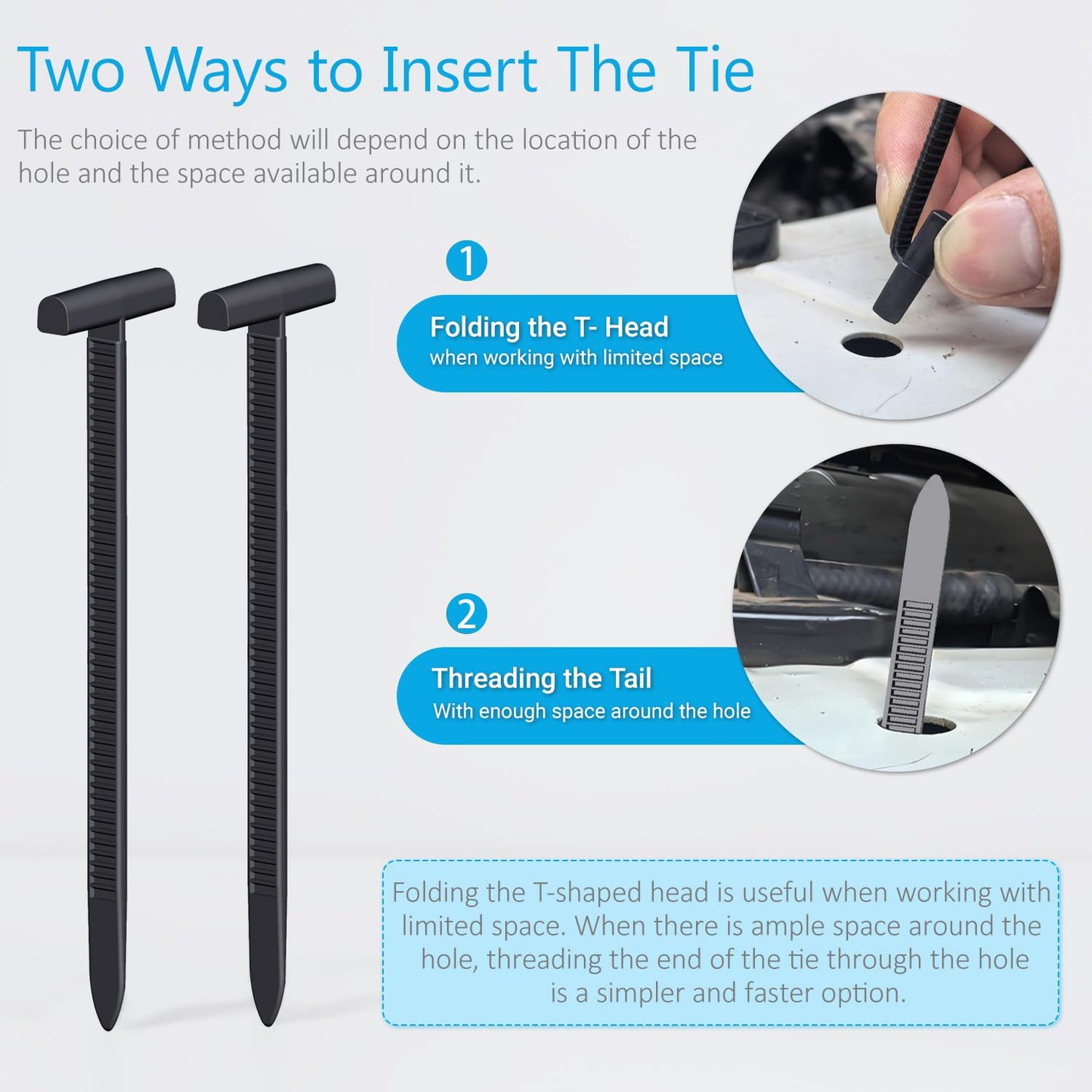 Upgraded Nylon Universal Cable Tie Buckles - Nylon Zip Ties Holders Kit, Automotive Zipper Clips Self-Locking T Rivet Zipties for Car Fender Trunk
