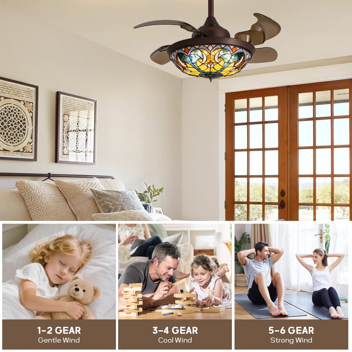 CROSSIO 36" Tiffany Fandelier Tiffany Ceiling Fan with Light Vintage Chandelier Fan Stained Glass Mediterranean Style Ceiling Fans with Lights