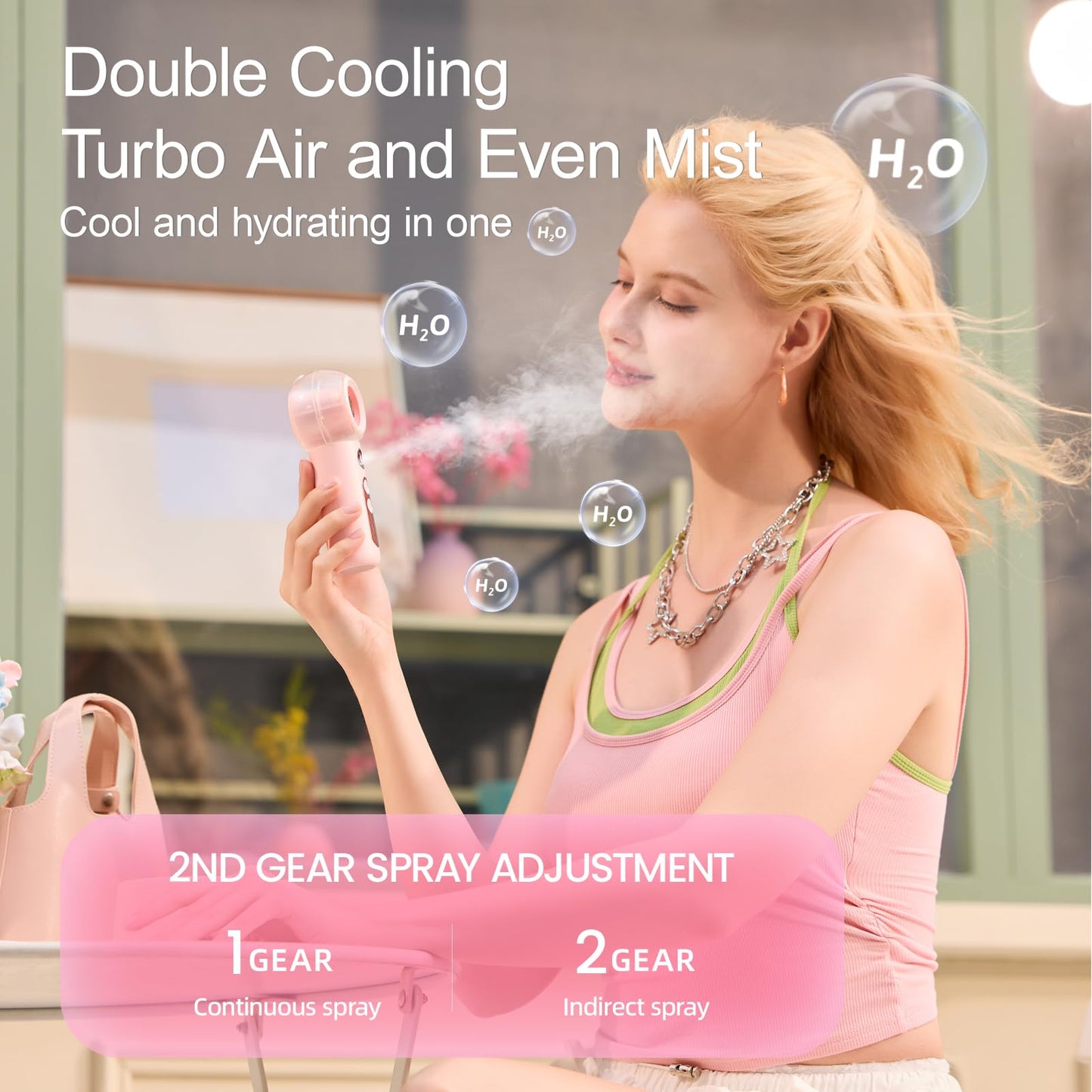 Gemmac Portable Fan with Mist, Personal Misting Fan USB Rechargeable 2000mAh Small Handheld Fans, 4 Strong Wind Cooling 50ml Spray Water Tank
