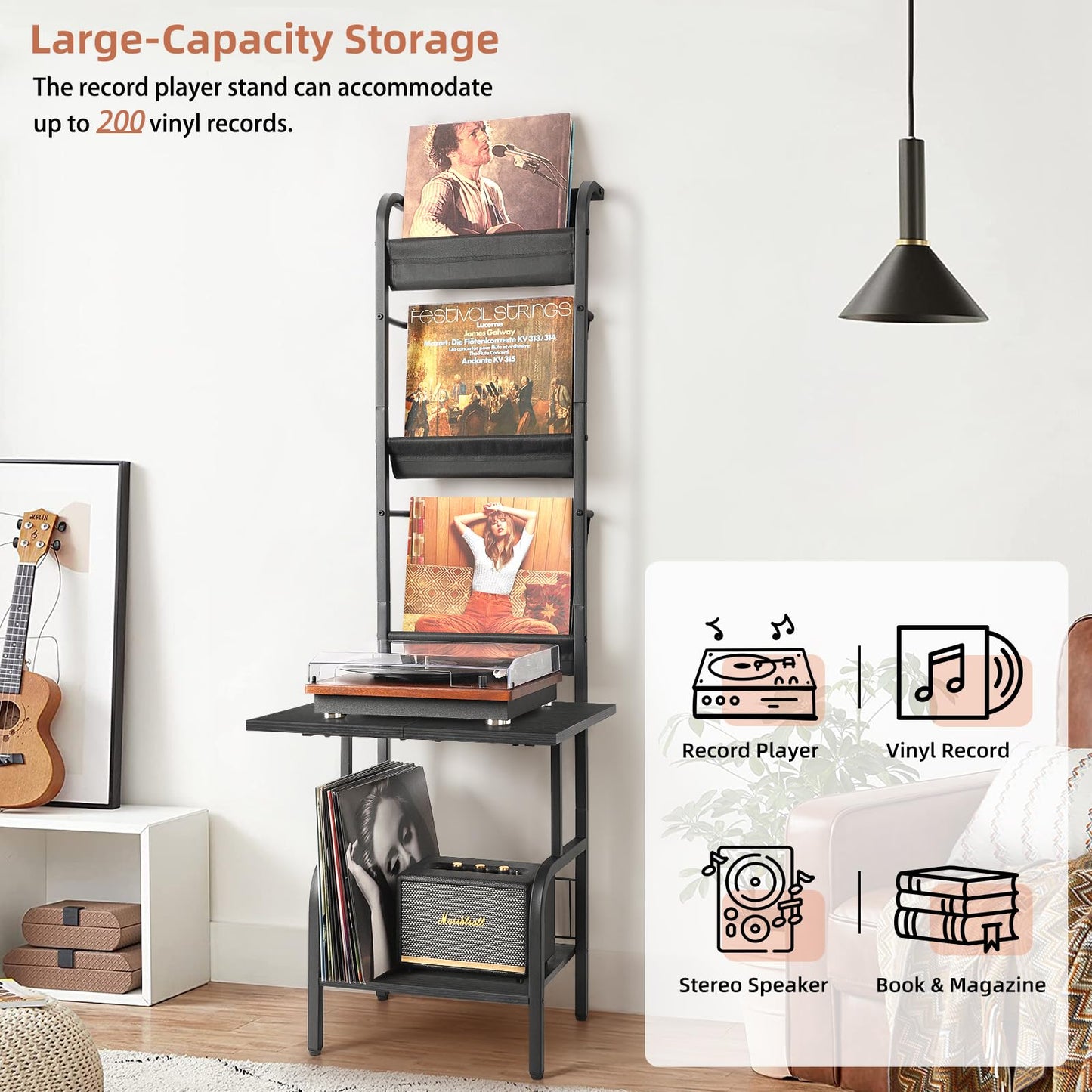 Record Player Stand with Vinyl Storage for up to 200 Albums, Turntable Stand with Record Holder Display Shelf