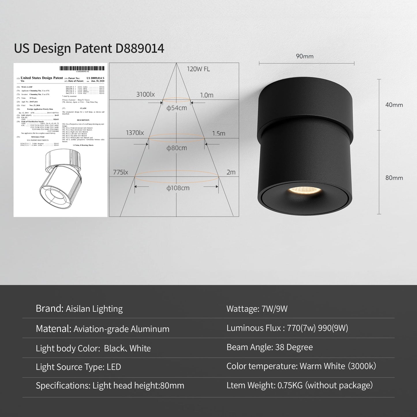 Aisilan 9W Dimmable LED Ceiling Spotlight, Adjustable Directional Surface Flush Mount Lighting, Wall Spot Lights Indoor Accent Fixture Fitting