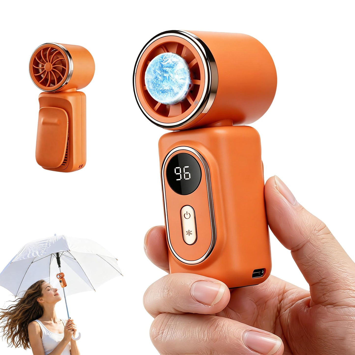 Sovrelon Portable Clip-On Mini Fan with Ice Cooler, Personal Handheld Turbo Fan 3000mAh Rechargeable, 180° Rotatable Air Outlet, High-Speed Motor