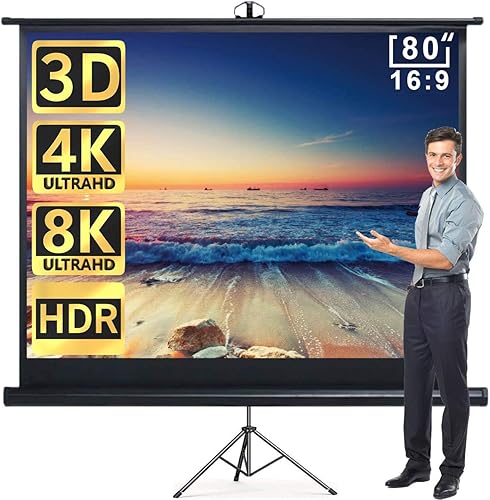 Aoxun 80" Projector Screen with Stand - Set of Pull Up Indoor and Outdoor Portable Free Tripod Screen 80 inch 16:9 HD Projection Screen for Movie or