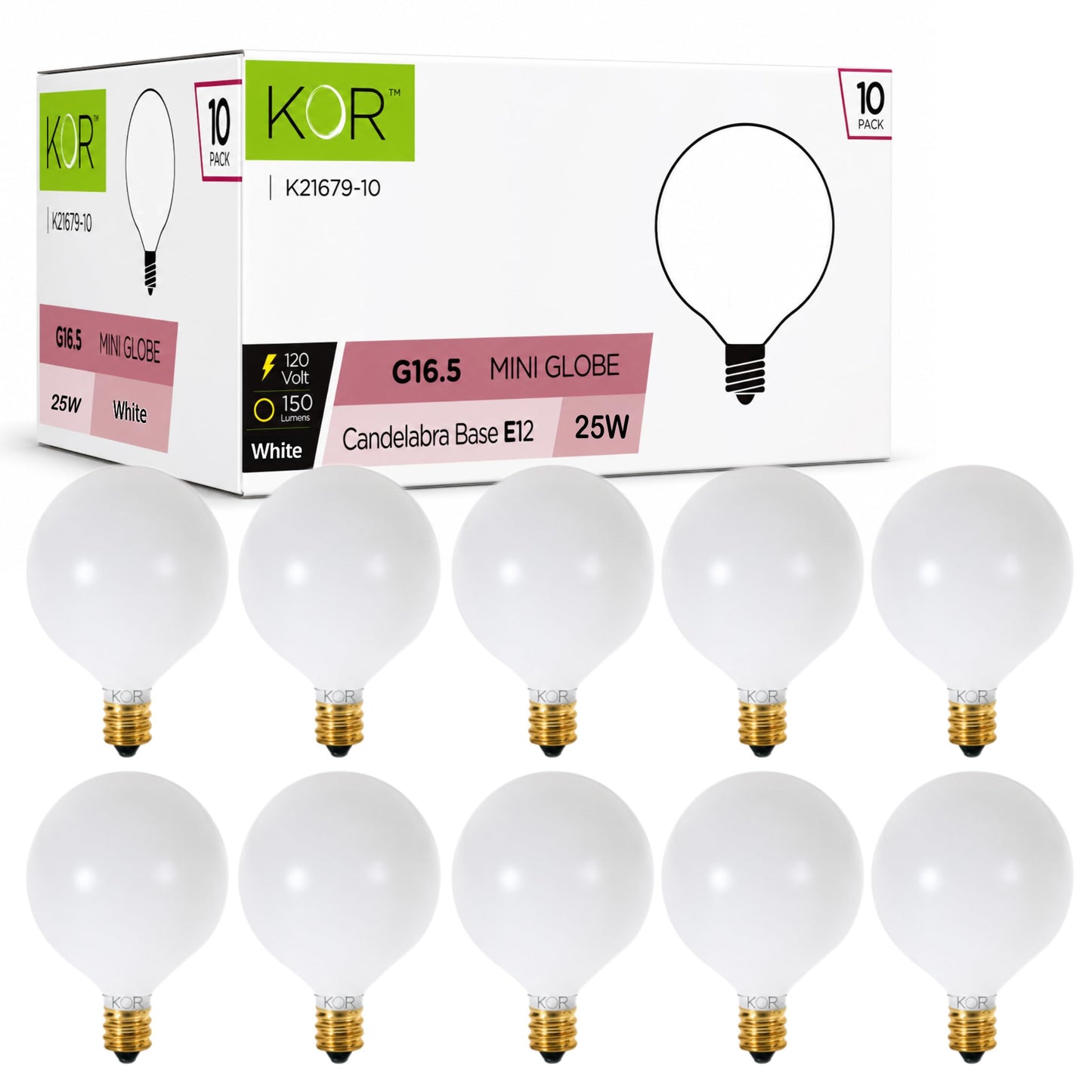 KOR G16.5 White Incandescent Globe Bulbs, 25W, E12 Candelabra Base, 10-Pack