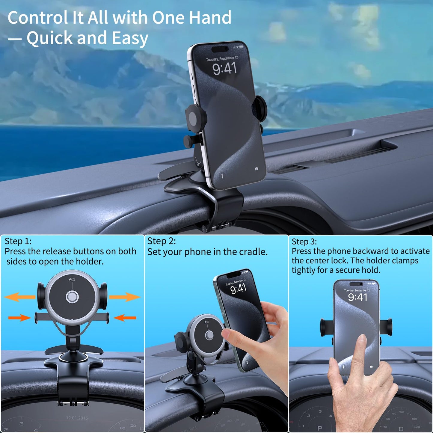 DRPHKTT Universal 360° Rotating Dashboard Phone Holder for Car - Spring Clip Car Phone Mount, No Adhesive No Tools, Multi-Angle Adjustable Clip-On