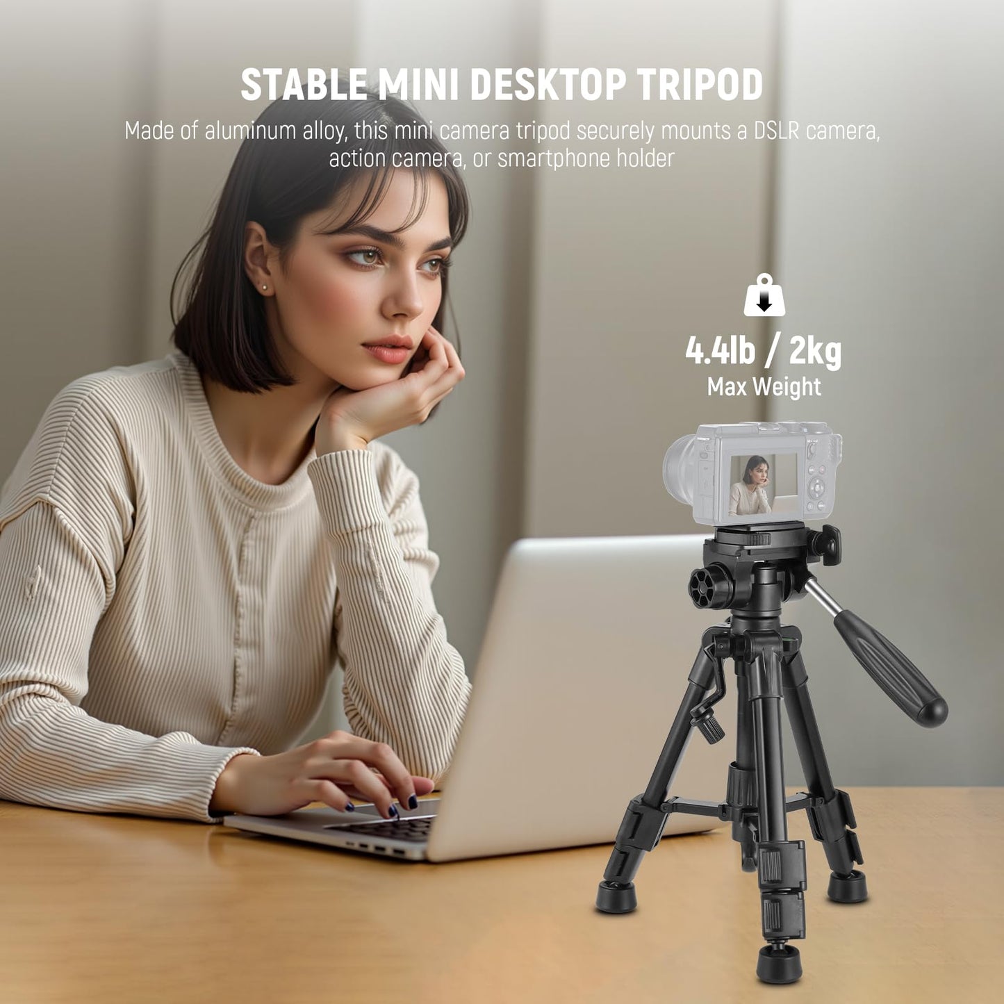 NEEWER Basic Mini Desk Tripod for Camera with 3 Way Pan Tilt Head & Handle, Small Portable Metal Tabletop Selfie Stick Stand with 1/4" Screw for DSLR