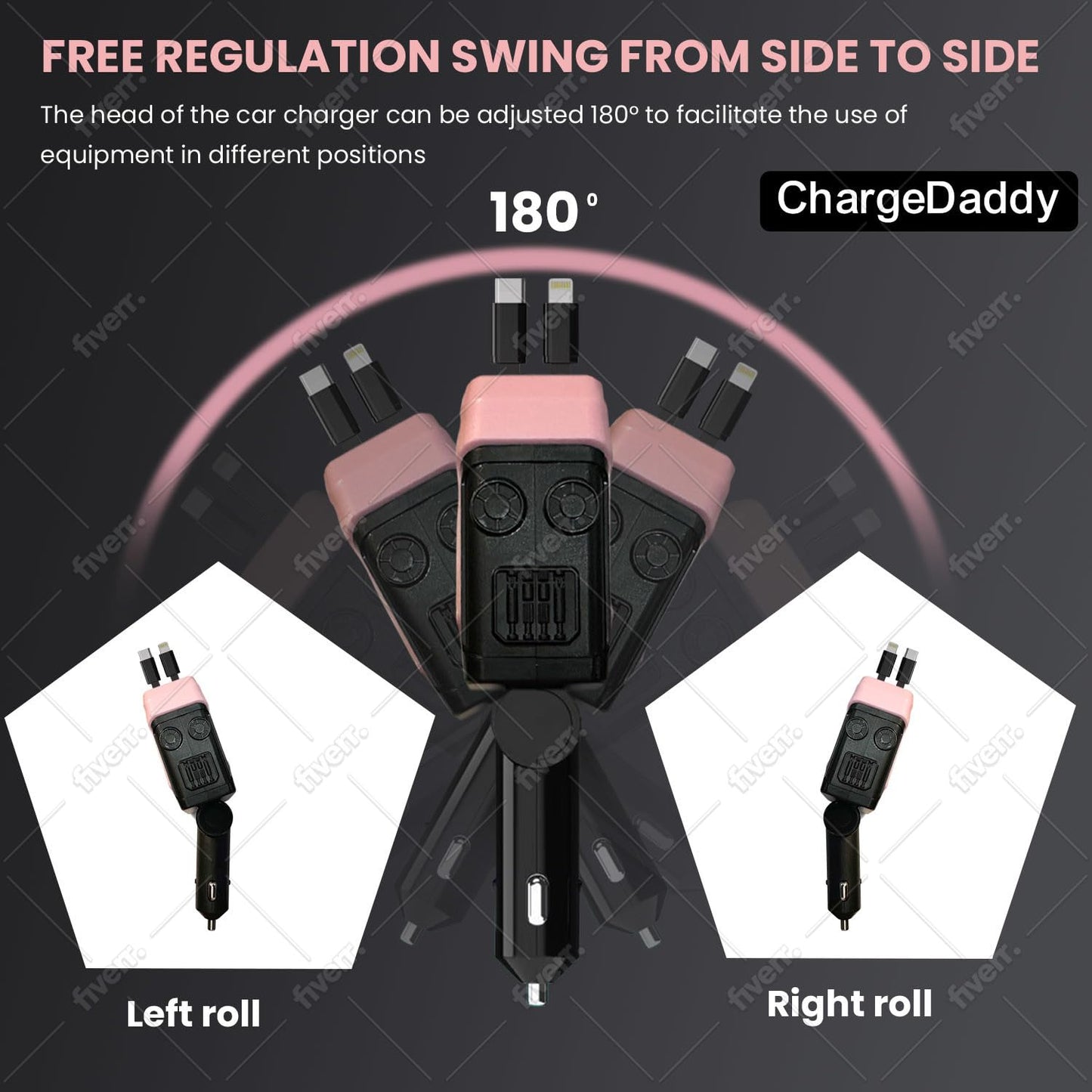ChargeDaddy 4-in-1 Retractable Car Charger, 120W Fast Charging, USB & Type-C Ports, Pink