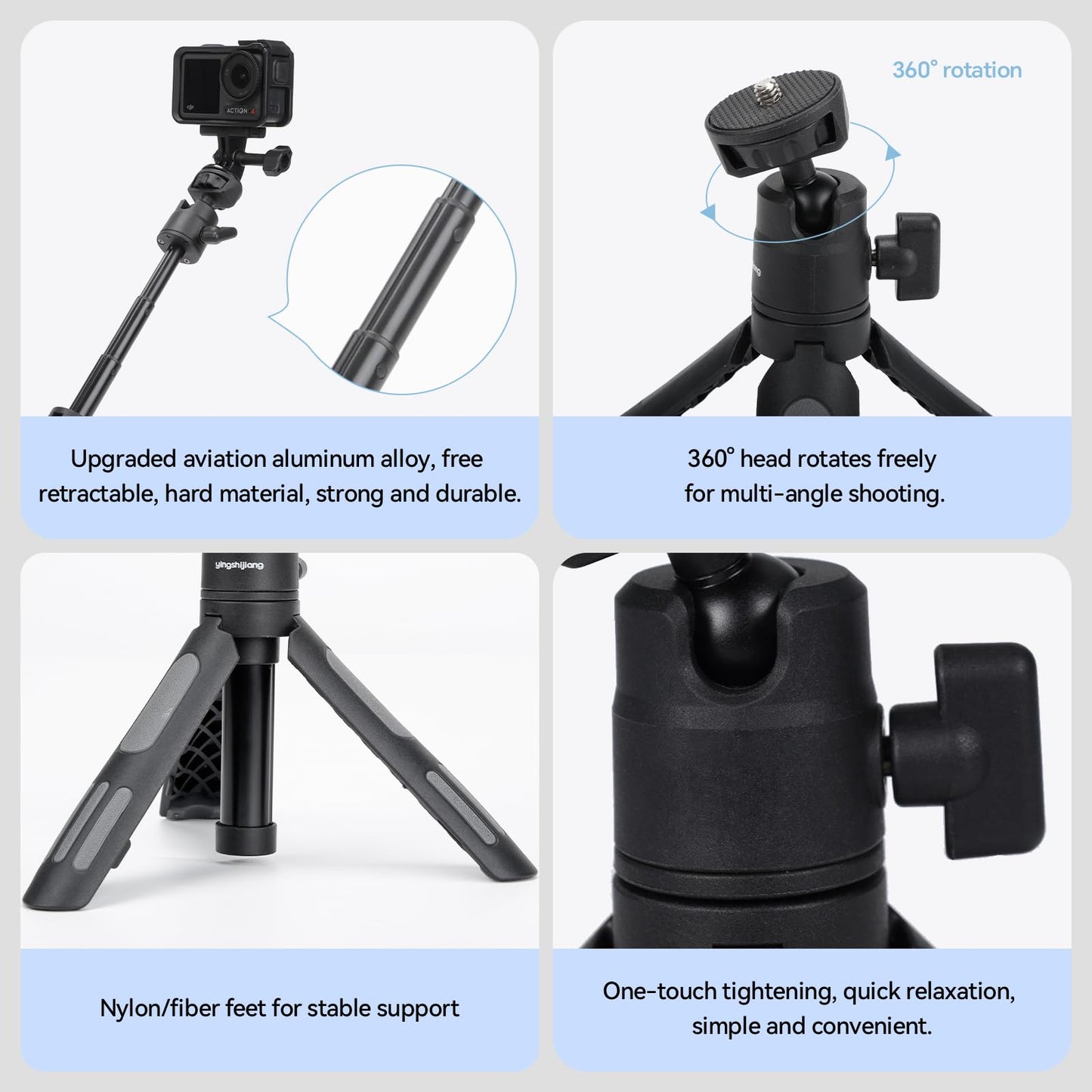 YINGSHIJIANG Lightweight Mini Tripod for Camera/Phone/Webcam & Selfie Stick(18-45cm), 360° Phone Clip & Cold Shoe Mounts -