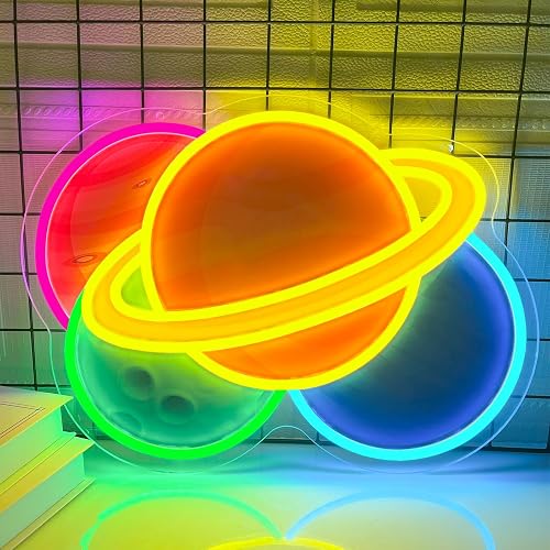 Planet Neon Sign 16.5x12.2inch Big Dimmable Saturn Led Light Colorful USB Powered Four-Planet Combination Space Neon Light Up Sign for Bedroom Living