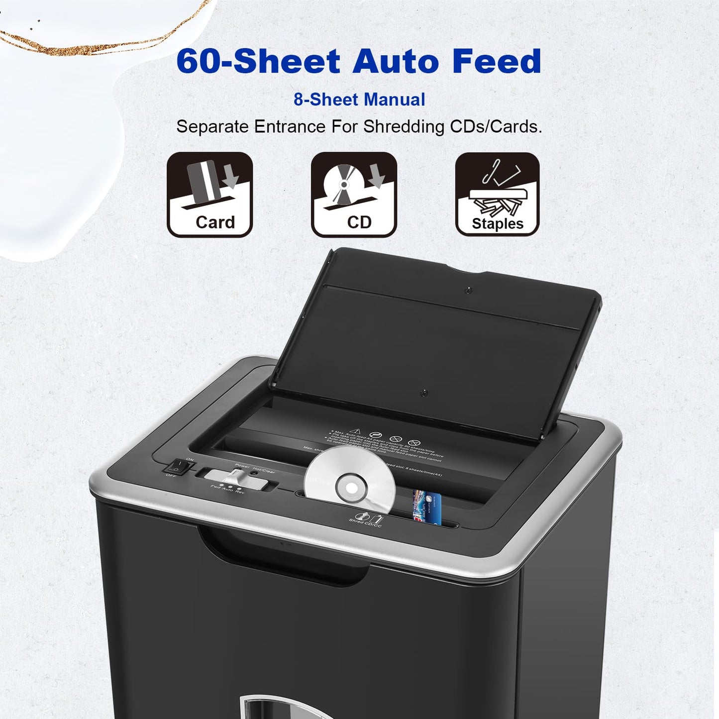 Wingwise Auto Feed Paper Shredder, 60 Sheets Cross Cut, CD/Credit Card Shredder with Anti-Jam & Dual Modes, 5.8 Gallon Bin, P-4 High Security, 26th