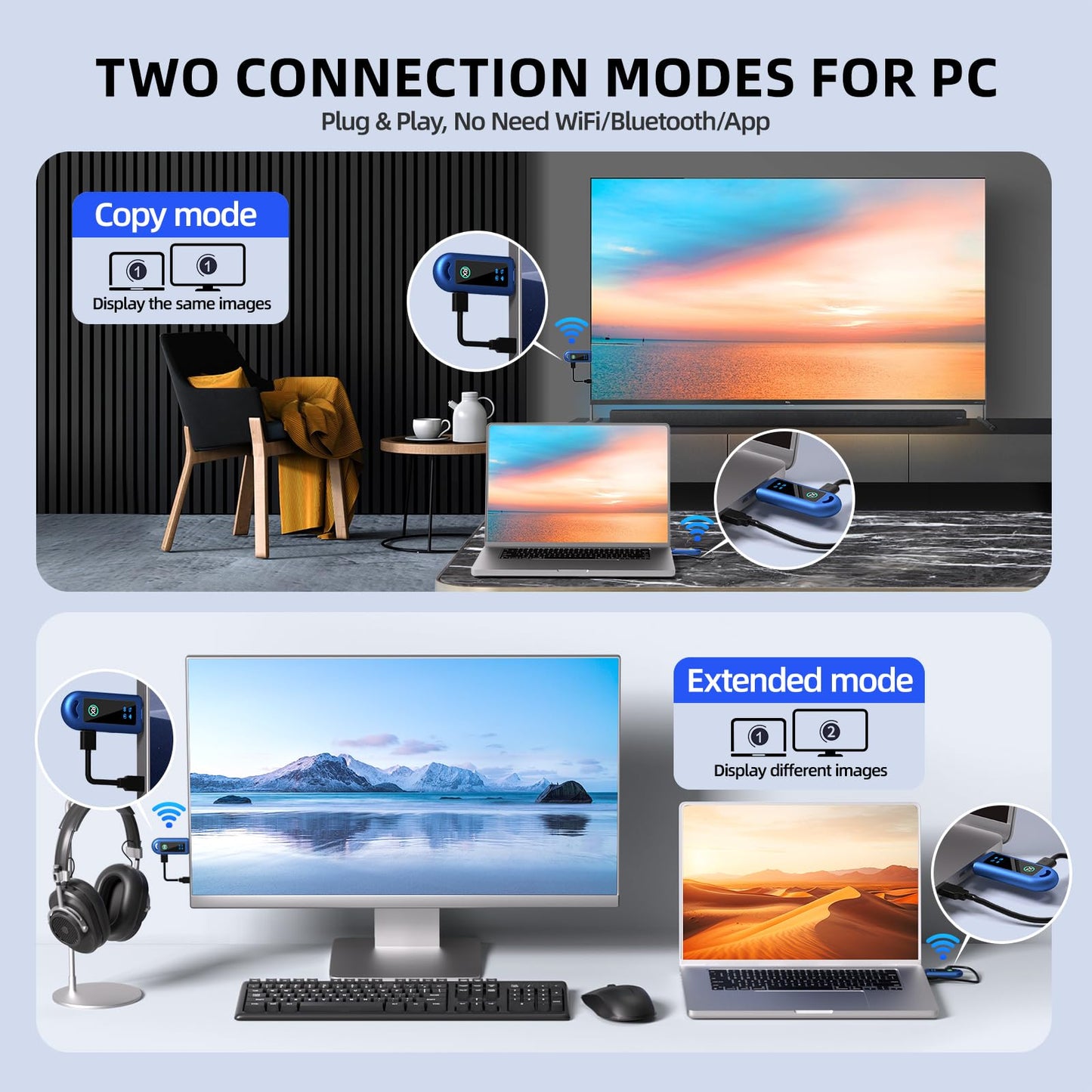 HDMI Wireless Transmitter and Receiver with LED Screen Blue, 2.4G/5G HDMI Extender Kit, Heat Dissipation and Easy-to-Carry Design, 30m/100ft Range