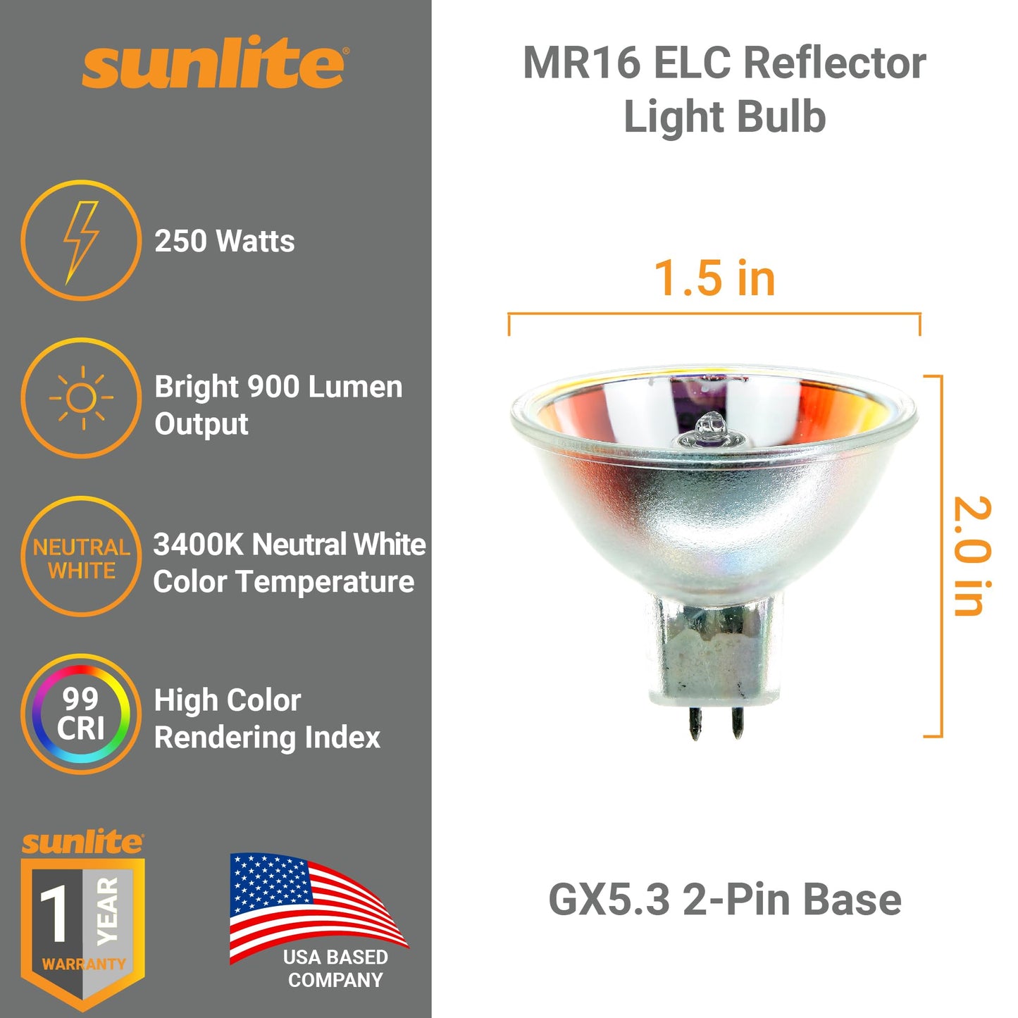 Sunlite MR16 ELC Reflector Light Bulb, 250 Watts, 24 Volts, Clear Finish, GX5.3 2-Pin Base, 99 CRI, 3400K Neutral White, Ideal for Landscape Lighting