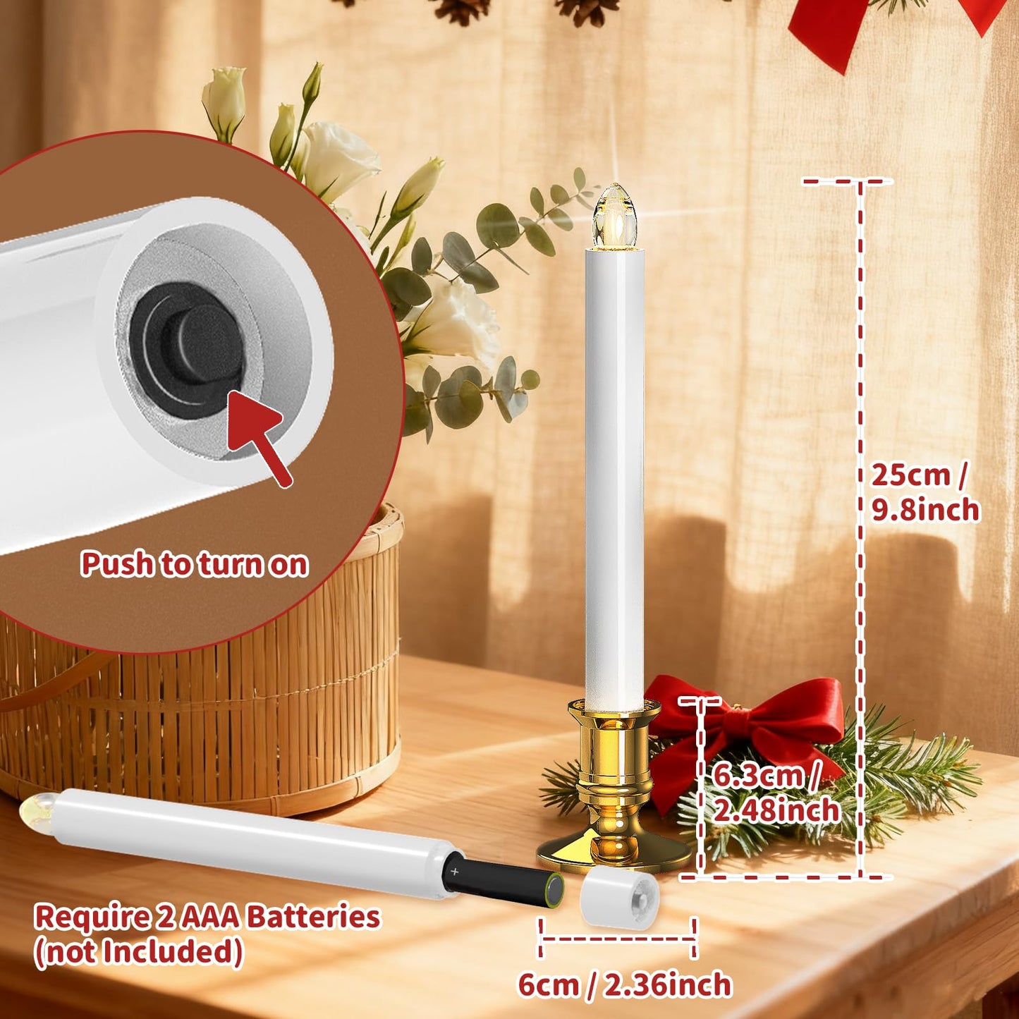 Christmas Window Candles, 8pcs Christmas Flameless Taper Candles Battery Operated with Remote & Timer, Candlestick, Suction Cups