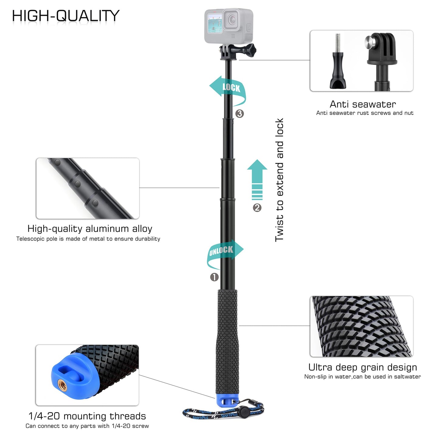 GEPULY 46''Alumium Waterproof Selfie Stick with 1/4 Thread Hole Underwater Pole Handle Grip Monopod for GoPro Hero 13 12 11 Max Insta360 AKASO DJI