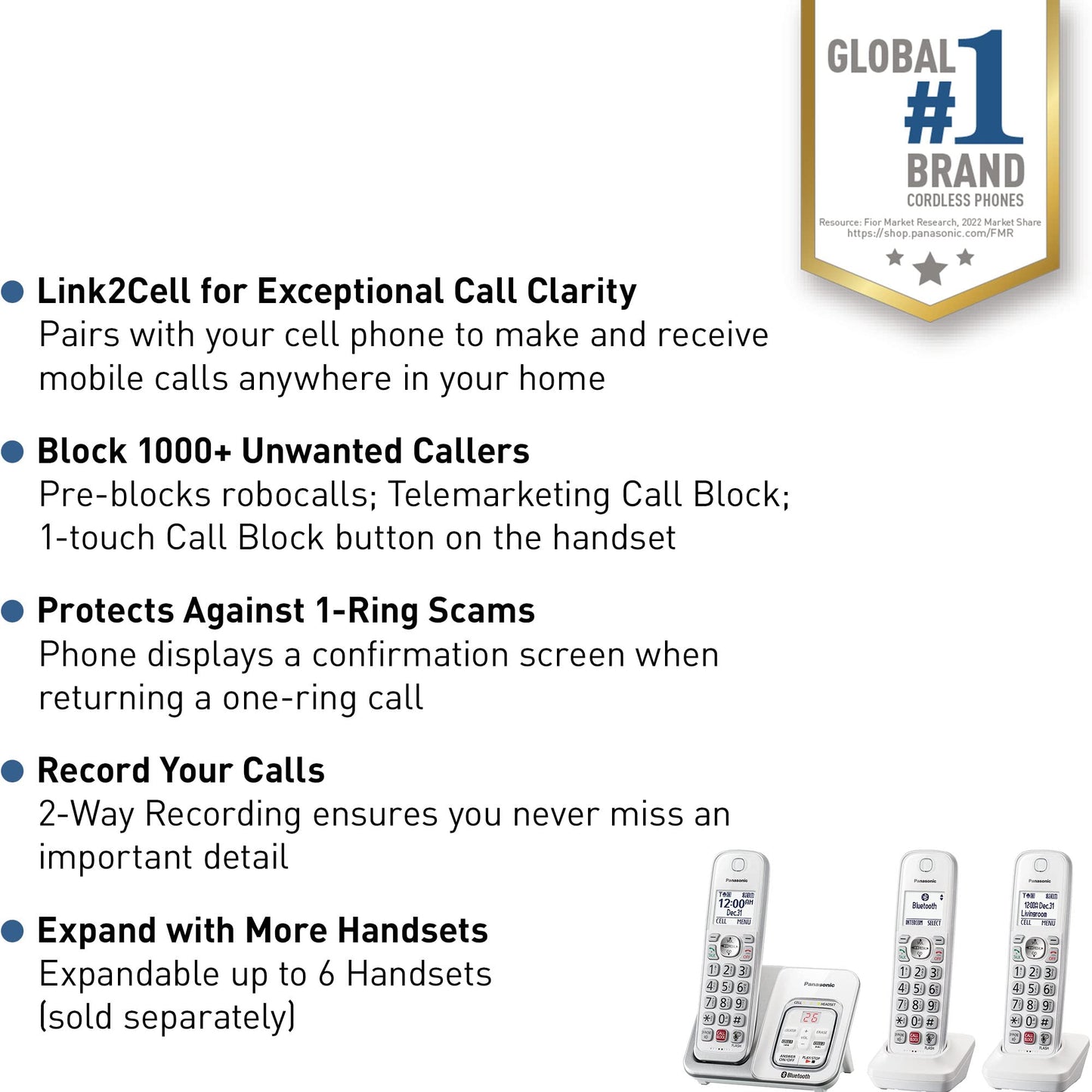 Panasonic Cordless Phone with Answering Machine, Link2Cell Bluetooth Home Phones, Voice Assistant and Advanced Call Blocking, Expandable System with 3
