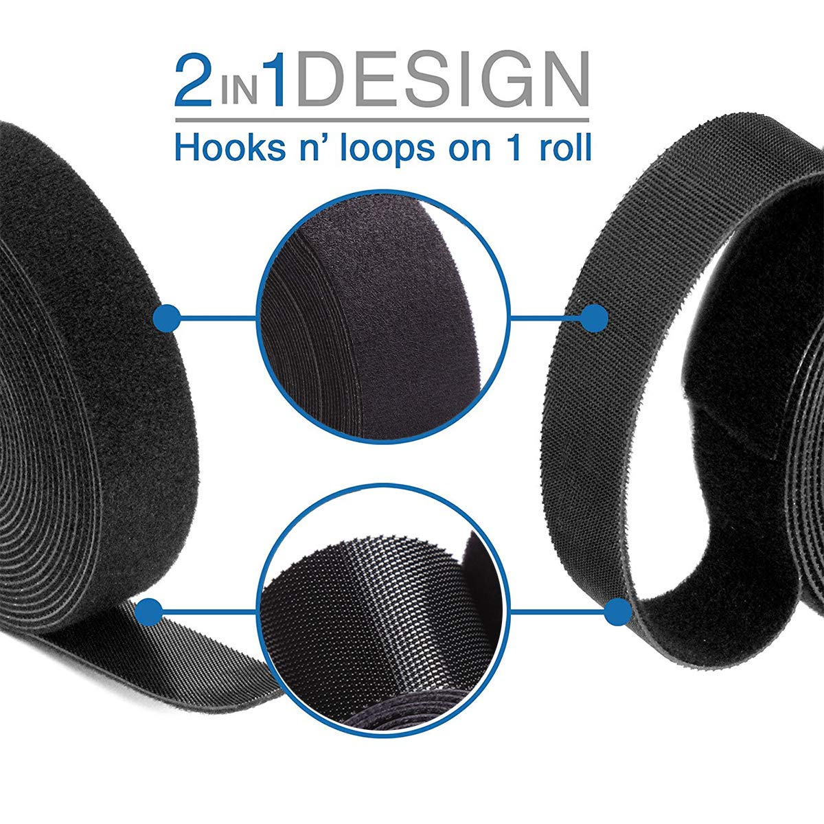 Reusable Fastening Tape Cable Ties Roll 2 Inch Double Side Hook Roll Hook and Loop Cord Management Wire Organizer Straps Black 5 Yard