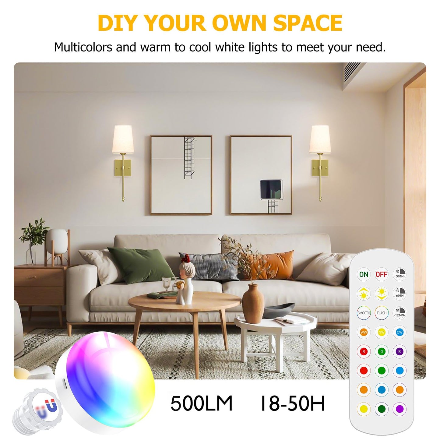 Tivkight Battery Operated Wall Sconce, 5000mAh Rechargeable Dimmable RGB Wall Sconce Set of 2 with Remote, 3 Color Temperature Indoor Battery Powered