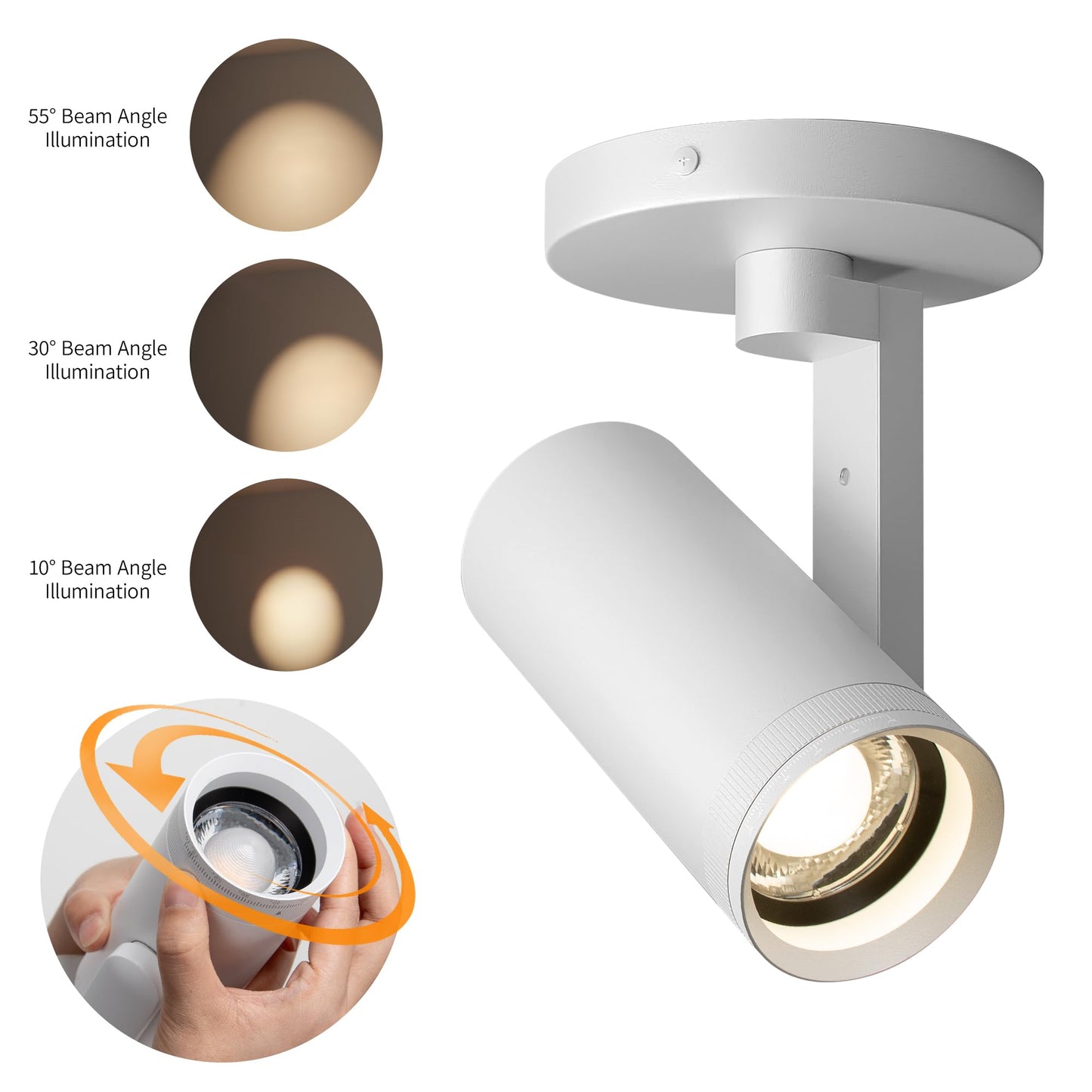 Aisilan 12W LED Zoomable Ceiling Spotlight, Dimmable Surface Mount Adjustable 10°-55° Beam, CRI97 3000K Warm White, Flicker-Free Accent Light