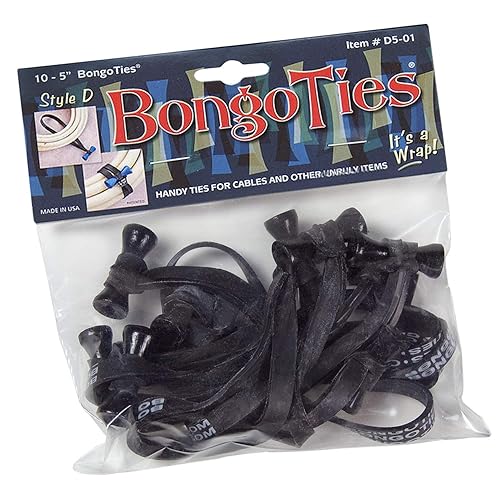 BongoTies ALL-BLACK "Obsidian" Bongo Ties - 10 Pack "Style-D" ~ Professional cable ties made of natural rubber and bamboo ~ HANDY TIES FOR CABLES