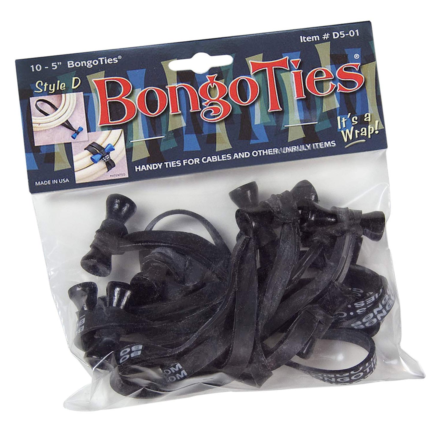 BongoTies ALL-BLACK "Obsidian" Bongo Ties - 10 Pack "Style-D" ~ Professional cable ties made of natural rubber and bamboo ~ HANDY TIES FOR CABLES