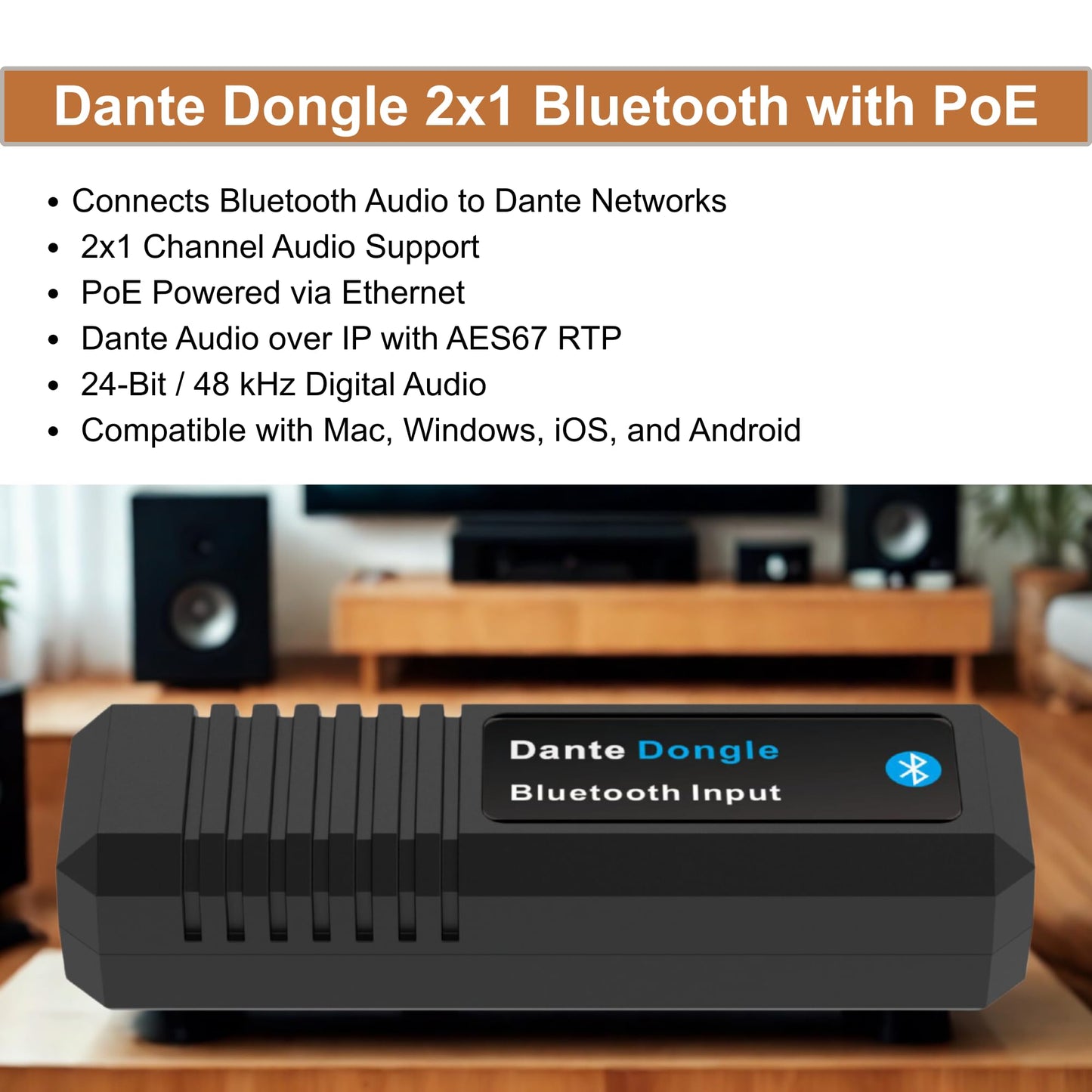 J-Tech Digital Digital Dongle Adapter 2x1 with Bluetooth and PoE, Input/Output IO Dante Adapter Supports 2x1 Channel Signal Transmission