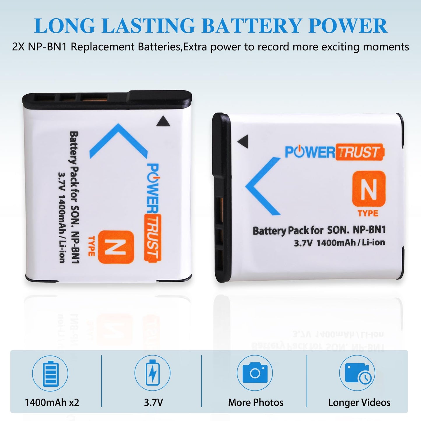 PowerTrust 2X NP-BN1 Battery for Sony NP BN1 NPBN1 BC-CSN and Cyber-Shot DSC-QX10 QX30 QX100 DSC-TF1 DSC-TX10 TX20 TX30 DSC-W530 DSC-W570 DSC-W650
