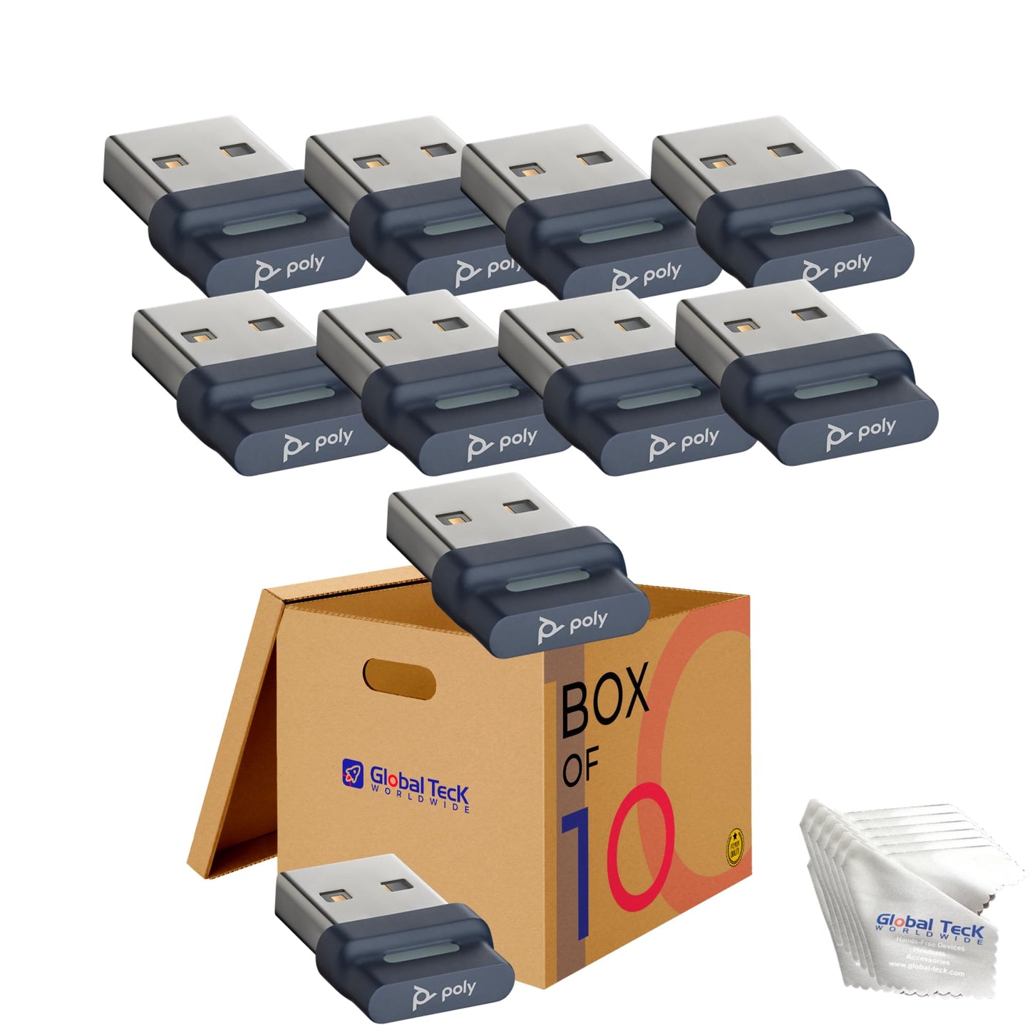 Poly Plantronics BT700 USB-A Bluetooth Adapter Dongle (10 Pack) - 217877-01 - Bundle with GTW Microfiber Cloth - Compatible with PC Windows/Mac OS