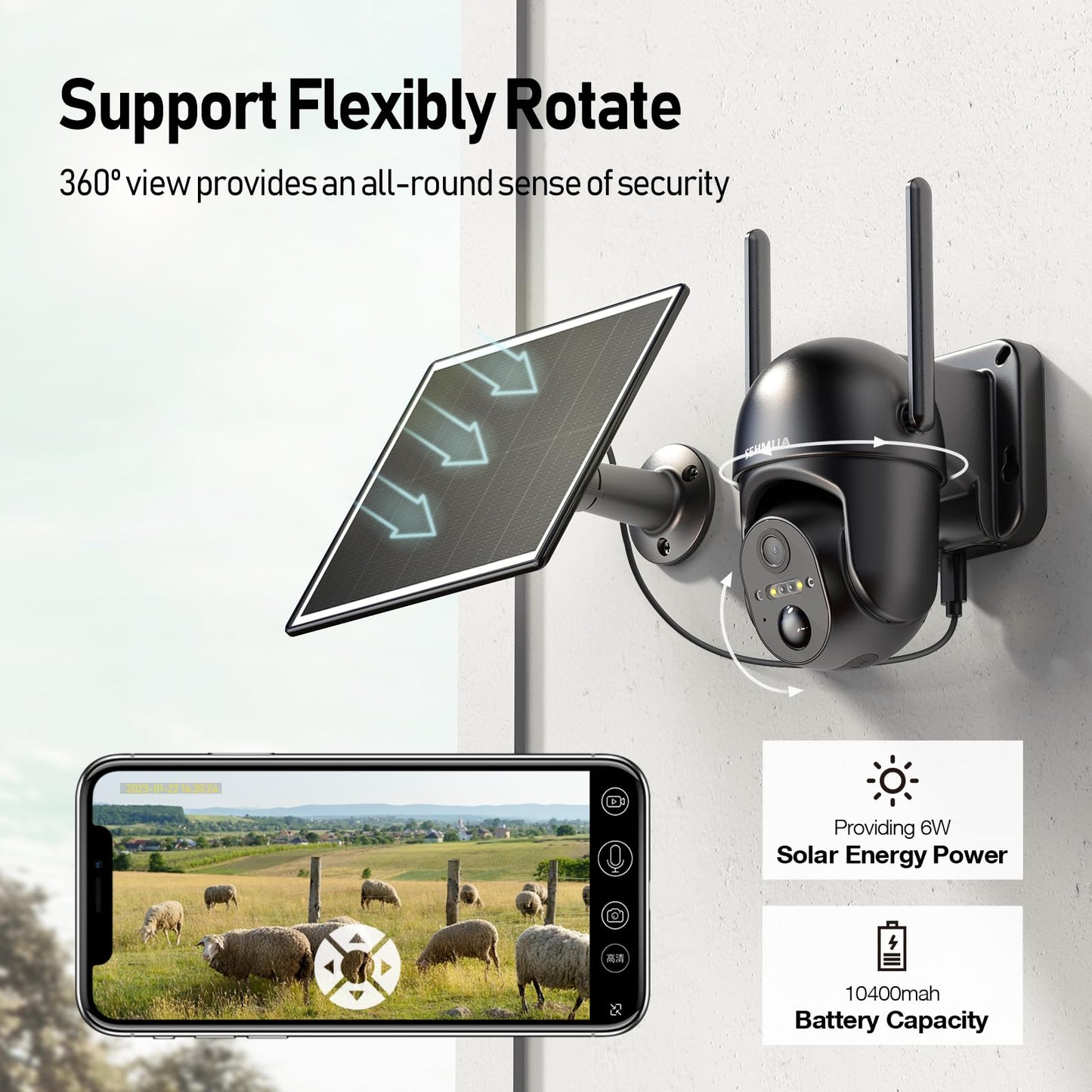 SEHMUA 4G LTE Cellular Solar Security Camera Wireless Outdoor, No WiFi Solar Powered Camera, 360° Live View, 2K Color Night Vision, PIR Motion Sensor