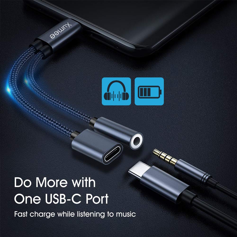 Xumee USB Type C to 3.5mm Headphone and Charger Adapter, 2-in-1 USB C to Aux Audio Jack Hi-Res DAC and Fast Charging Dongle Cable Compatible
